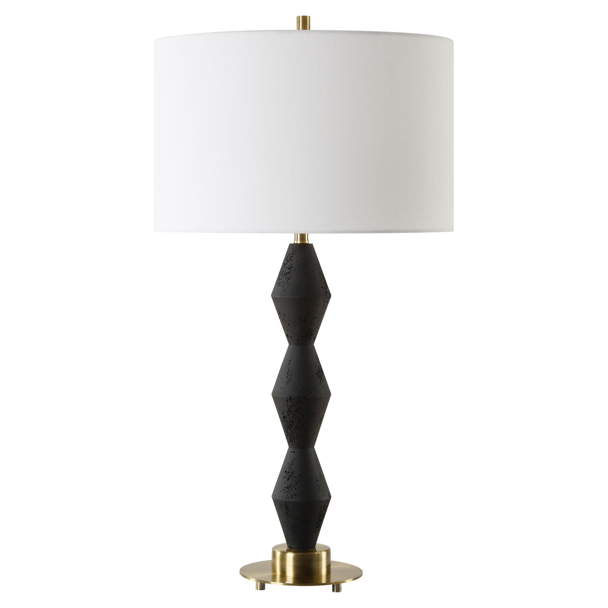 Shown in This Table Lamp Is Crafted From Cast Black Man-Made Stone For A Bold Yet Refined Aesthetic. Its Dist finish and Round Drum Hardback shade