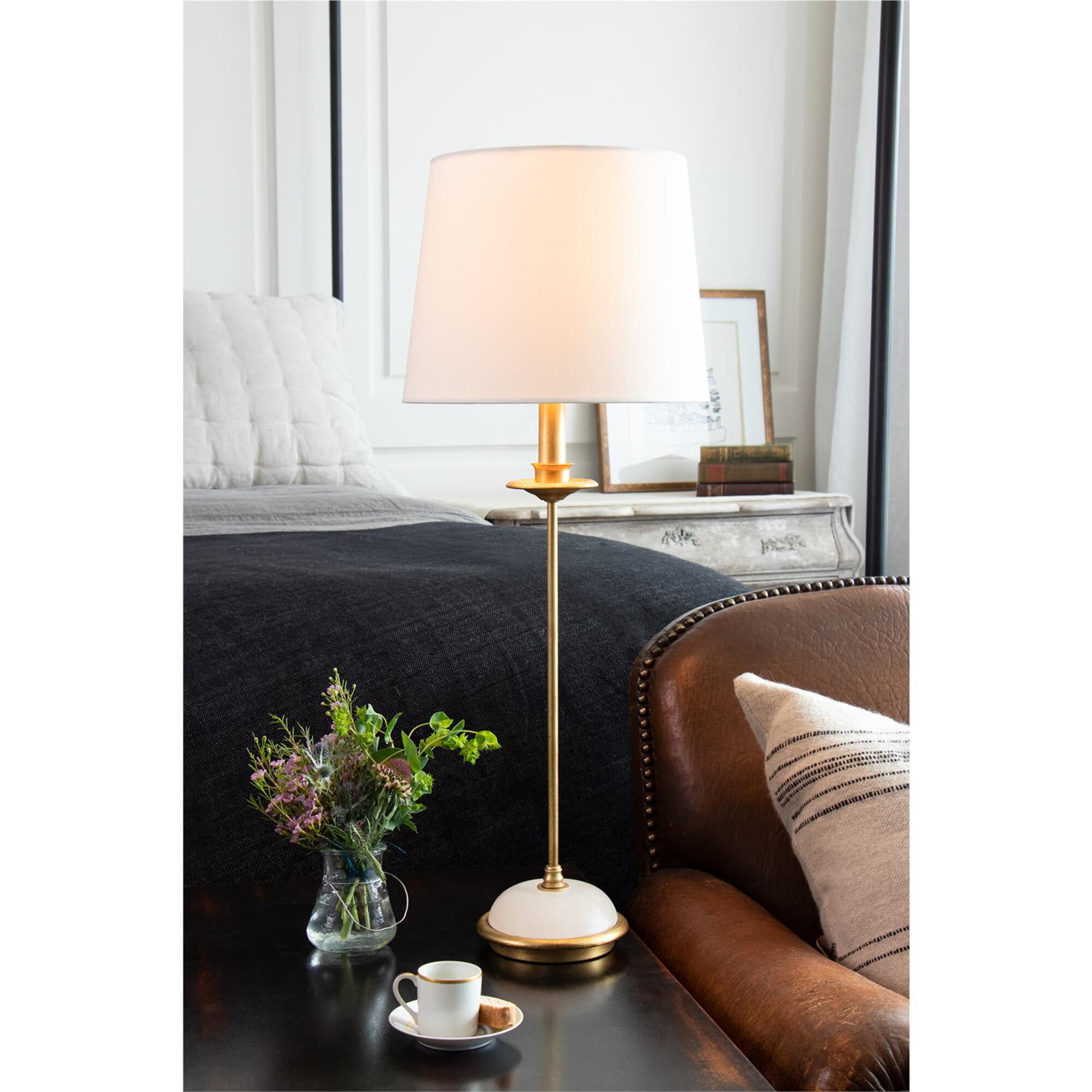 Shown in Gold Leaf finish and Linen shade