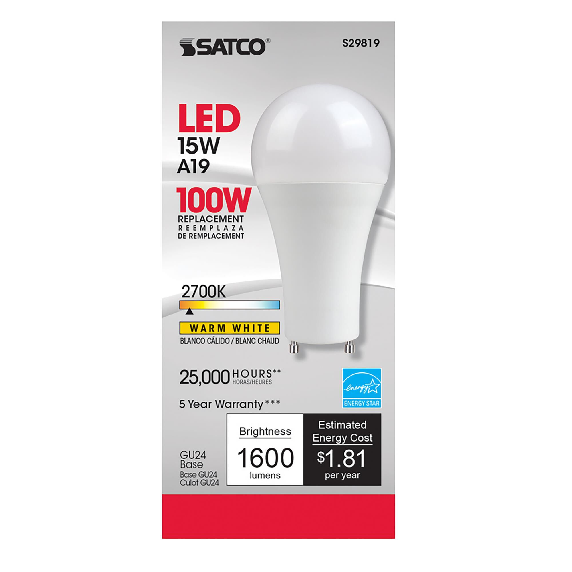 Dimmable 15 Watt 2700K A19 LED Light Bulb,