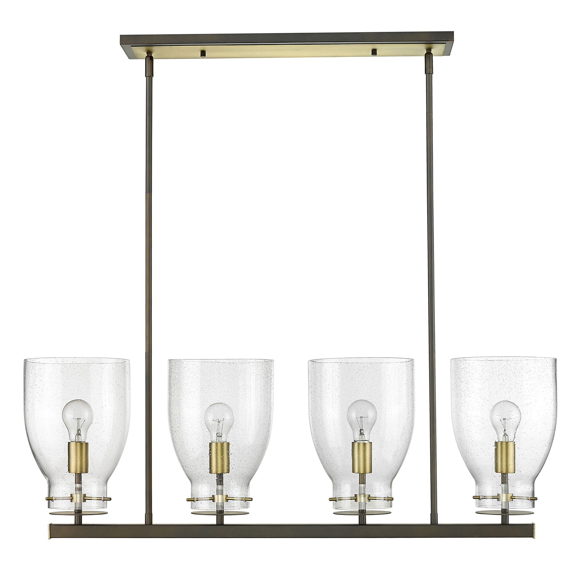 Shown in Oil Rubbed Bronze And Antique Brass finish and Clear Seedy Glass shade