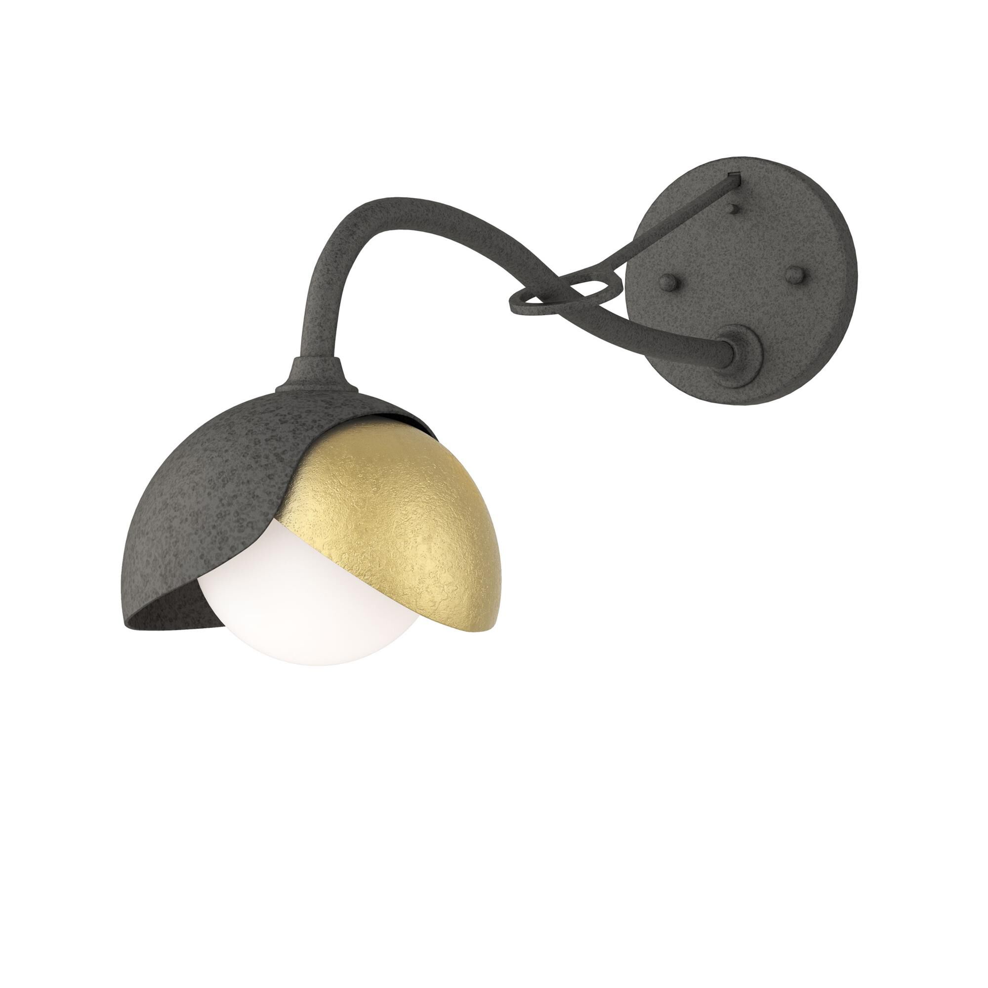Shown in Natural Iron finish and Opal glass and Modern Brass (86) accent