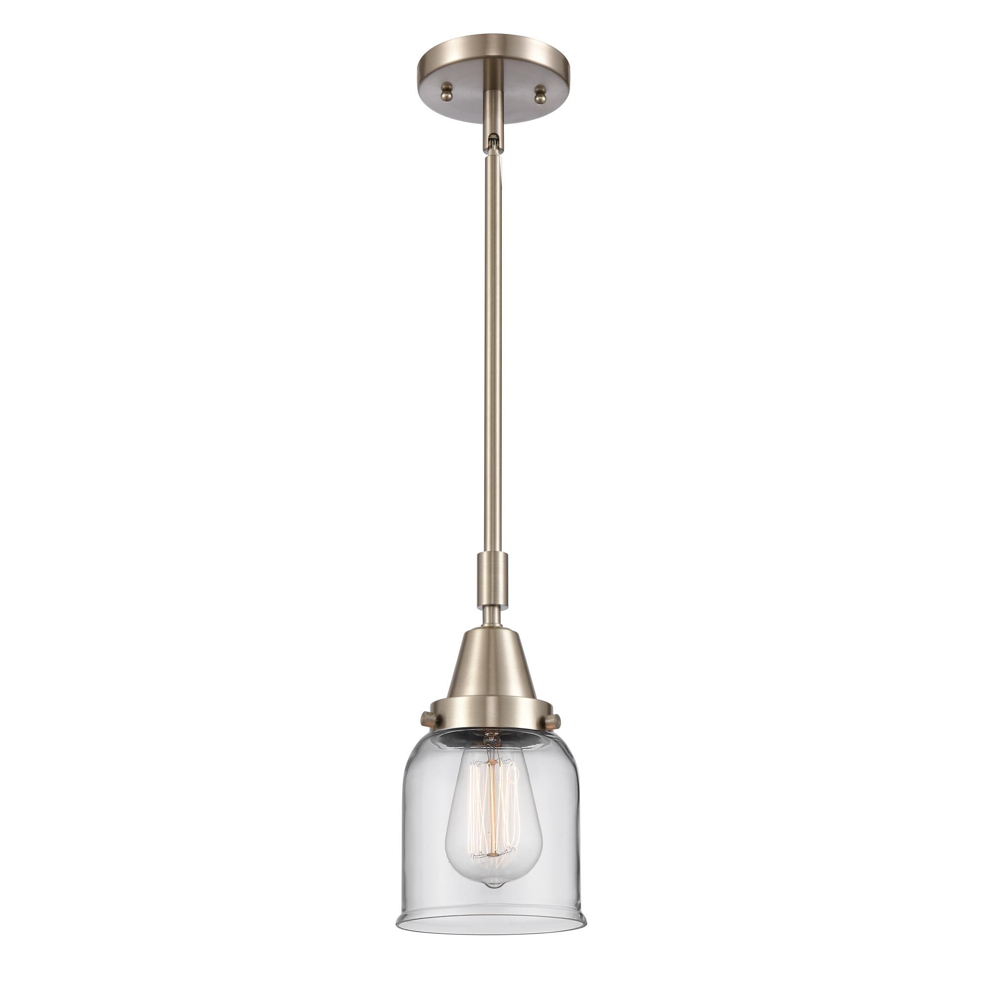 Shown in Brushed Satin Nickel finish and Clear Small Bell glass