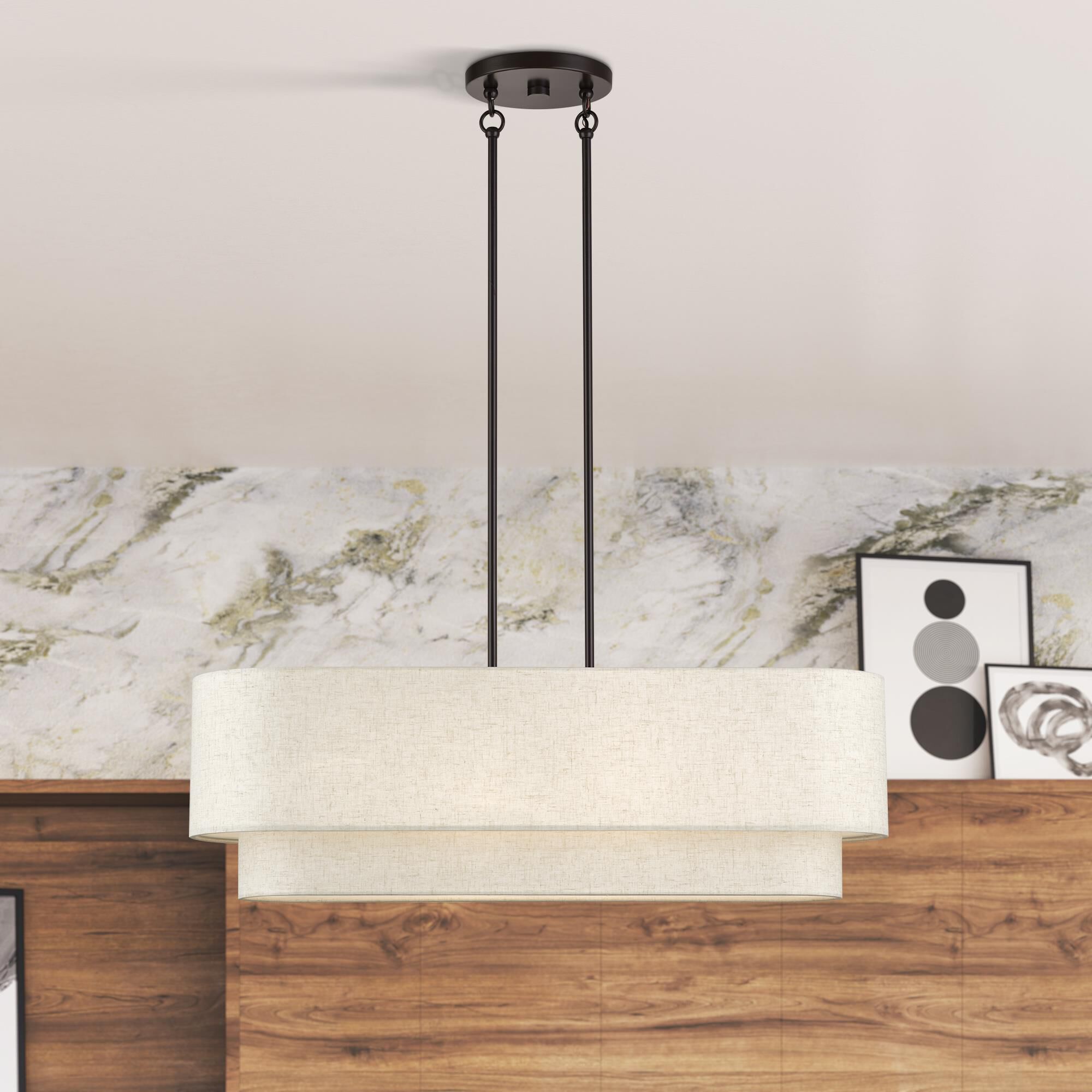 Shown in English Bronze finish and Hand Crafted Oatmeal Color Fabric with White Color Inside shade