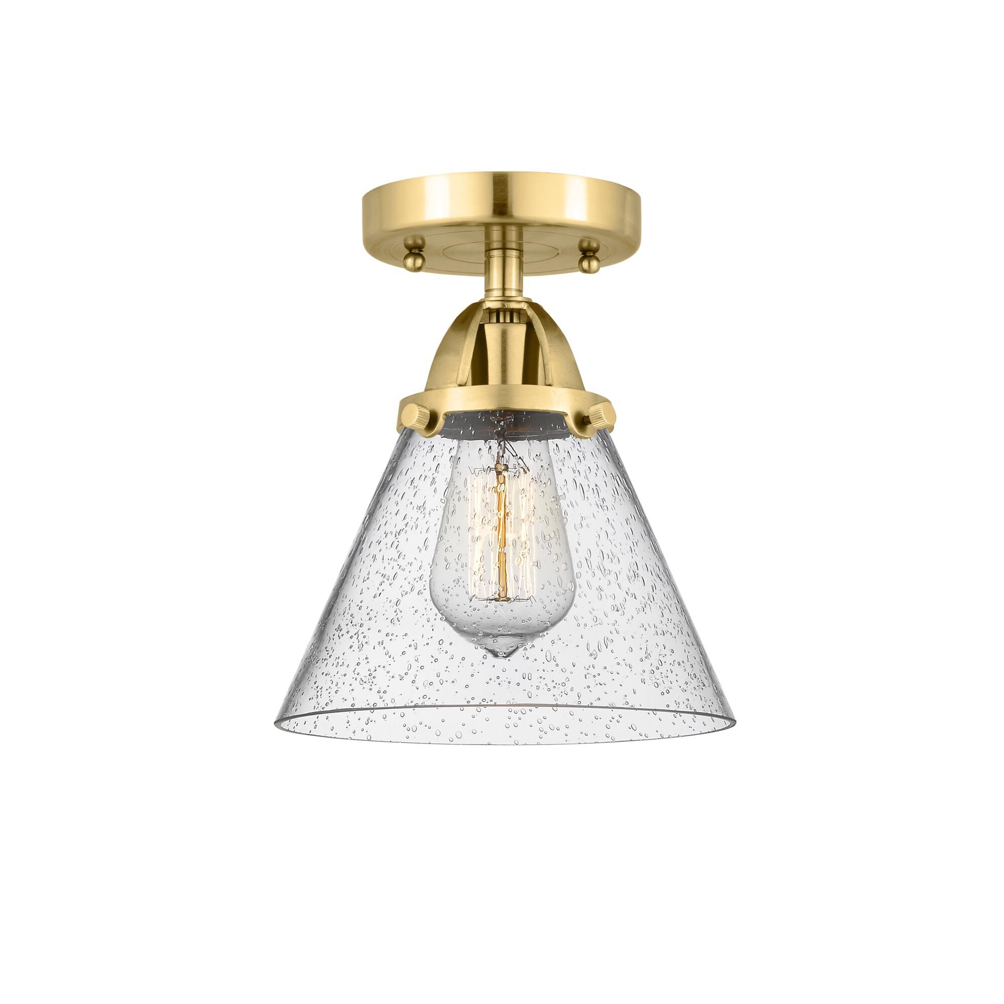 Shown in Satin Gold finish and Seedy Large Cone glass and No Shade shade