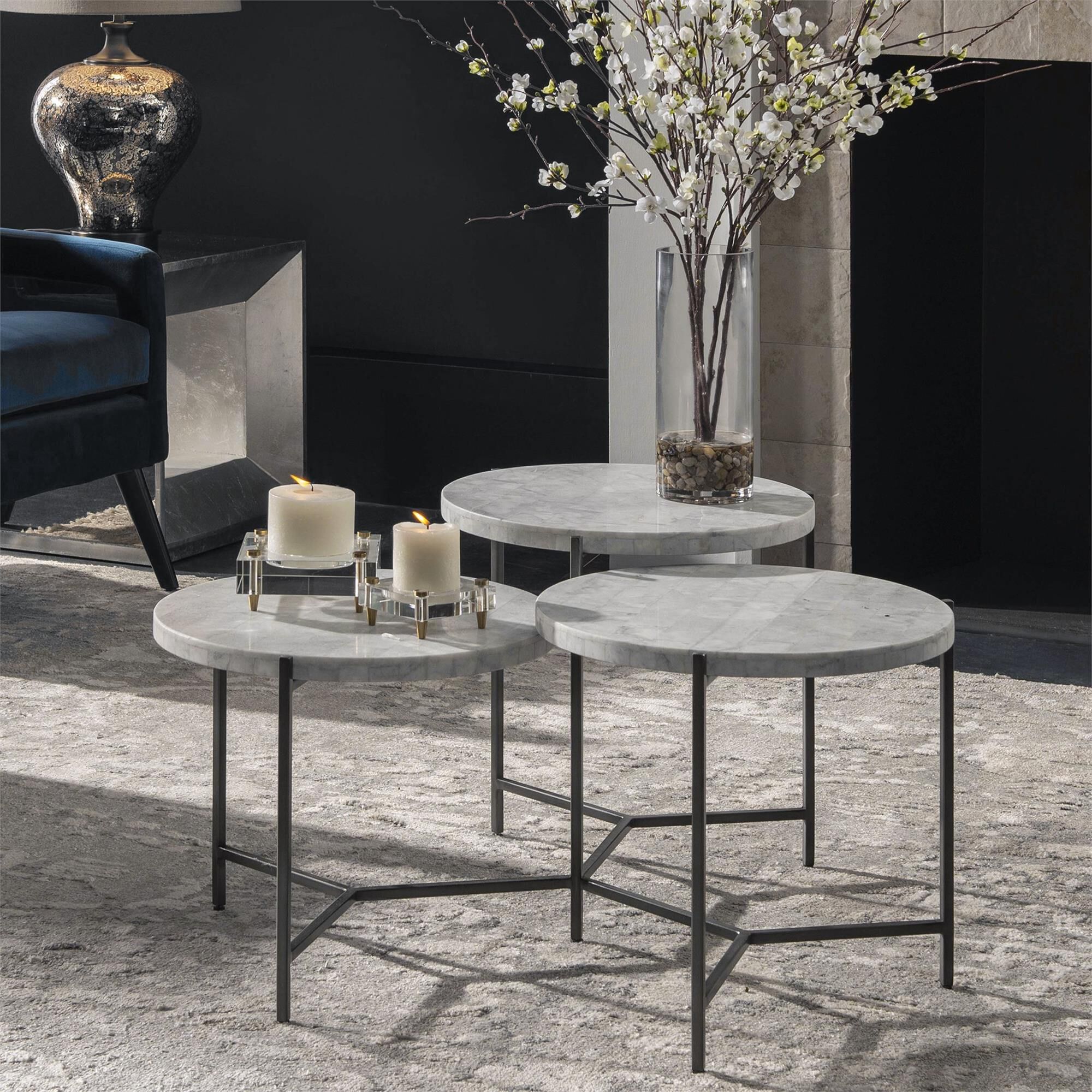 Shown in Clean Contemporary Styling Is Featured In This Tiered Coffee Table Design With White Venetian Marble finish