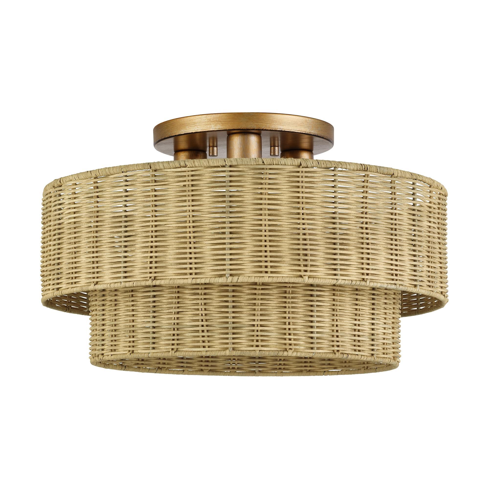 Shown in Antique Gold Leaf finish and Hand-Woven Rustic Walnut Color Rattan shade