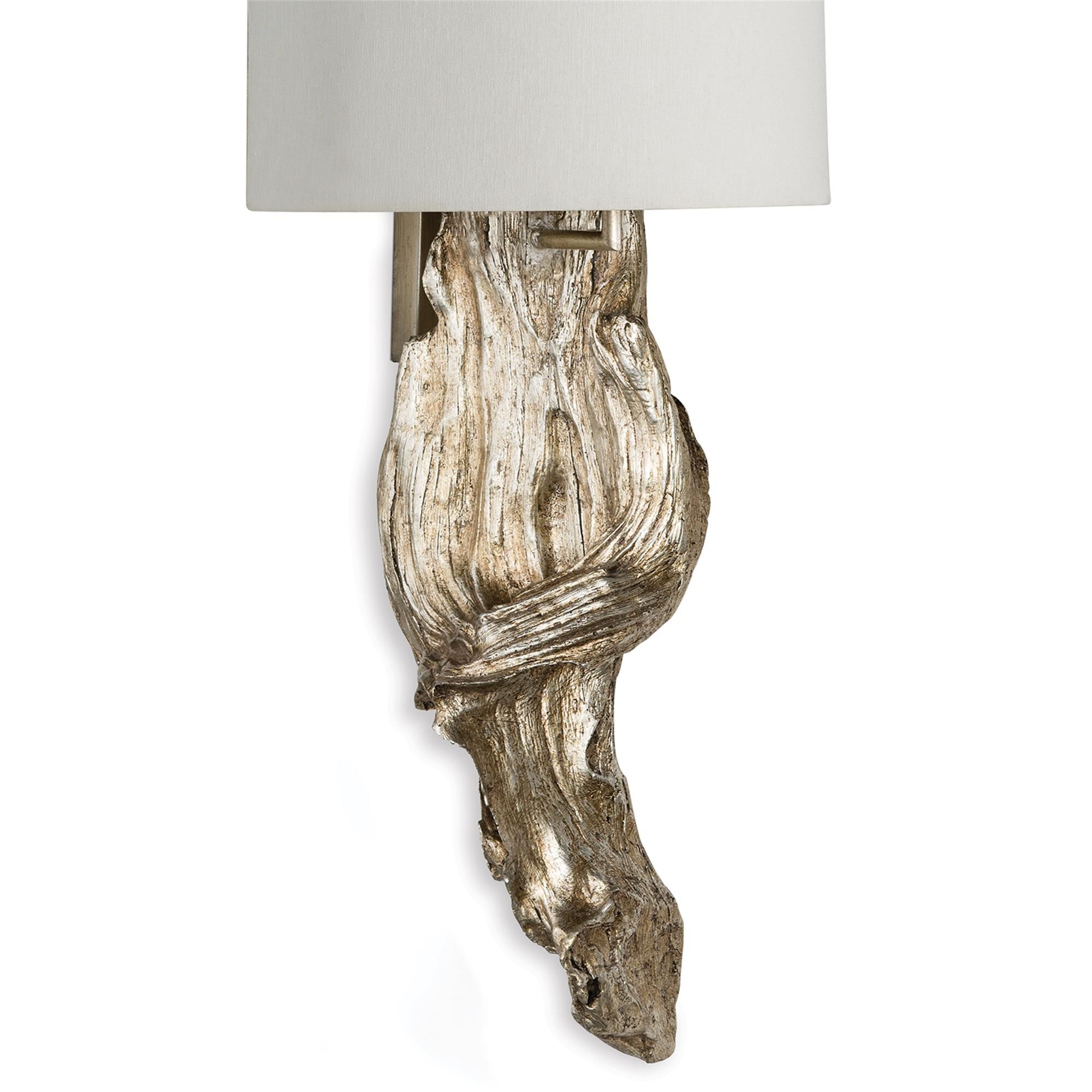 Shown in Ambered Silver Leaf finish and Linen shade