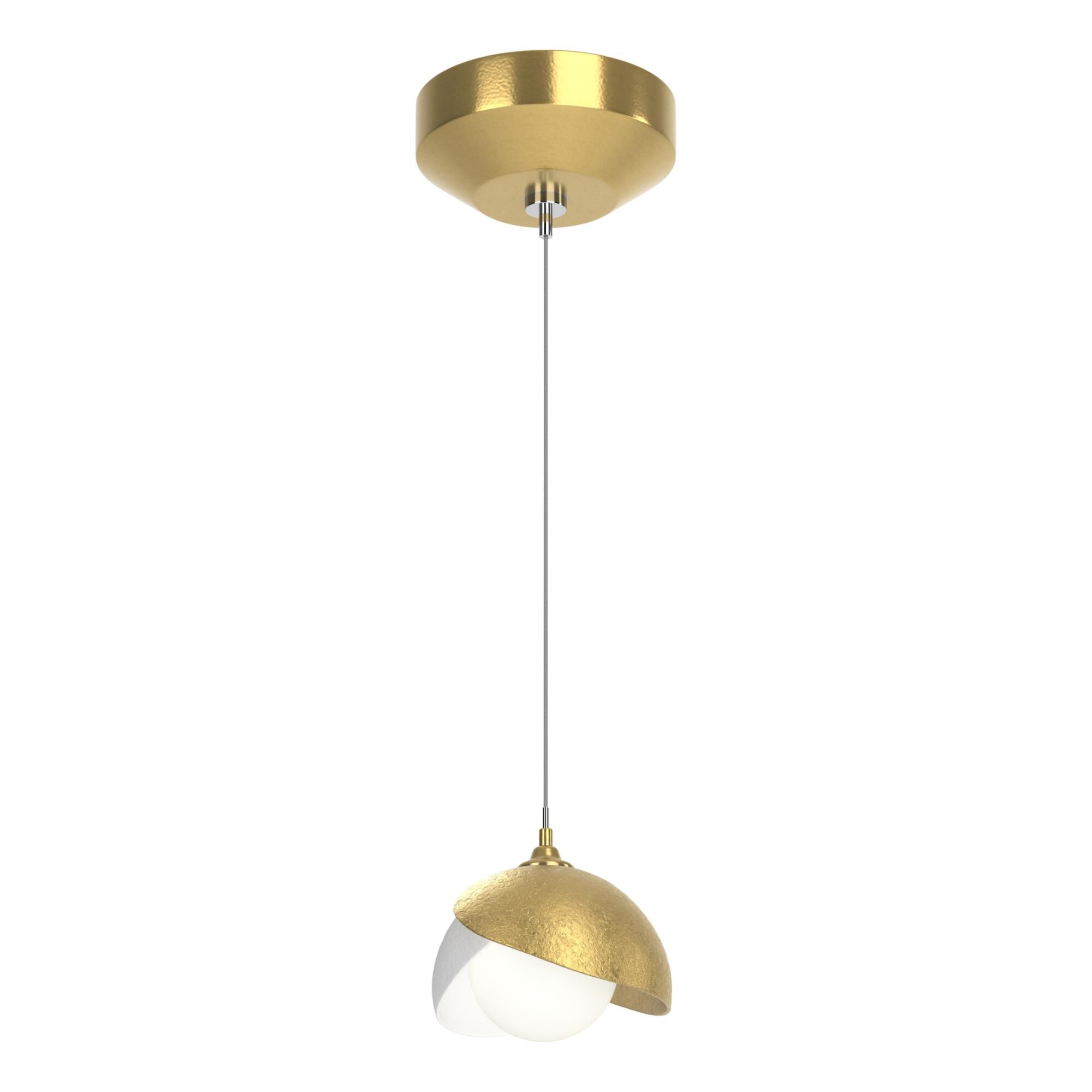 Shown in Modern Brass finish and Opal glass and White accent