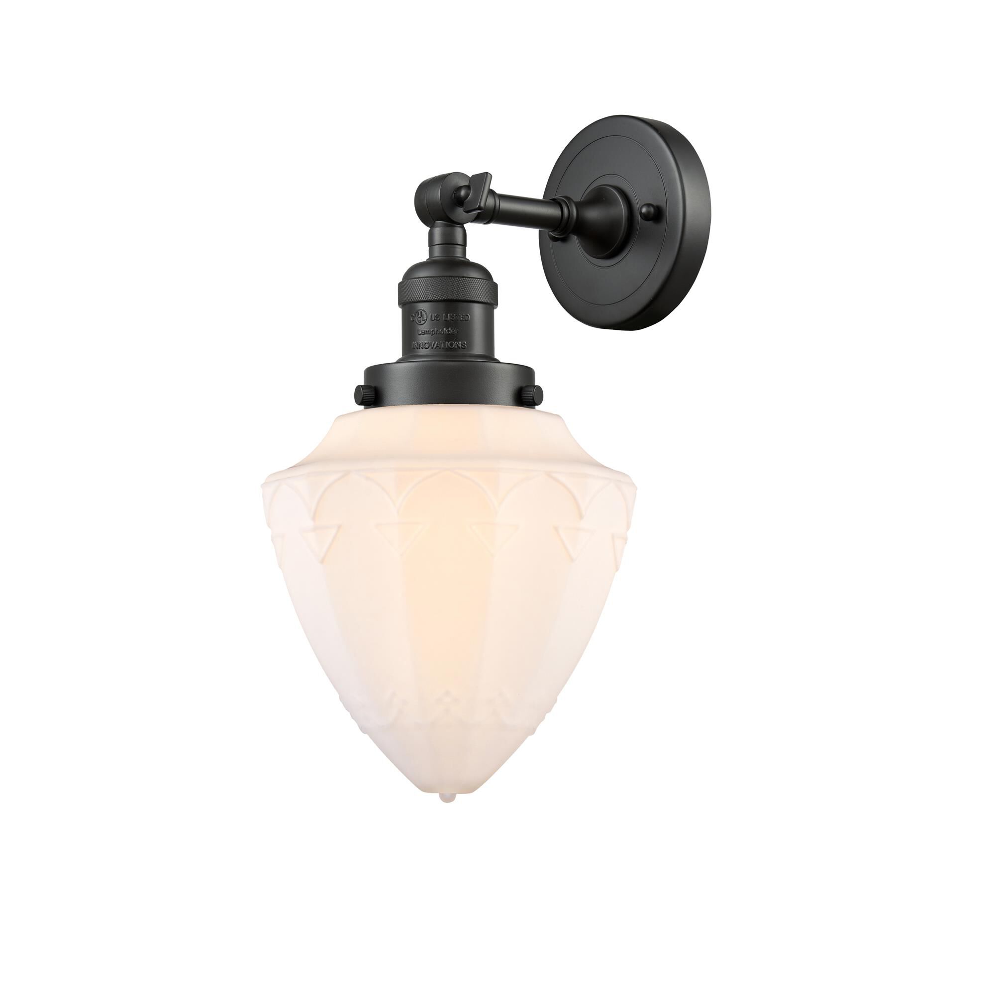 Shown in Oil Rubbed Bronze finish and Matte White Cased Small Bullet glass