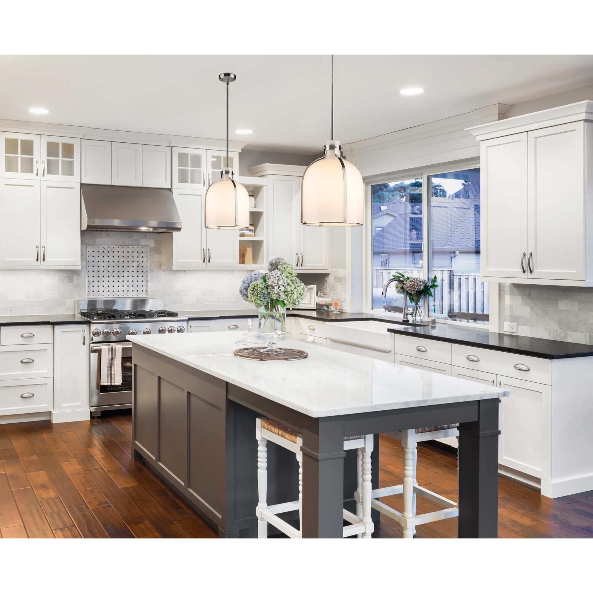 Shown in Brushed Nickel finish and White Opal glass and No Shade shade