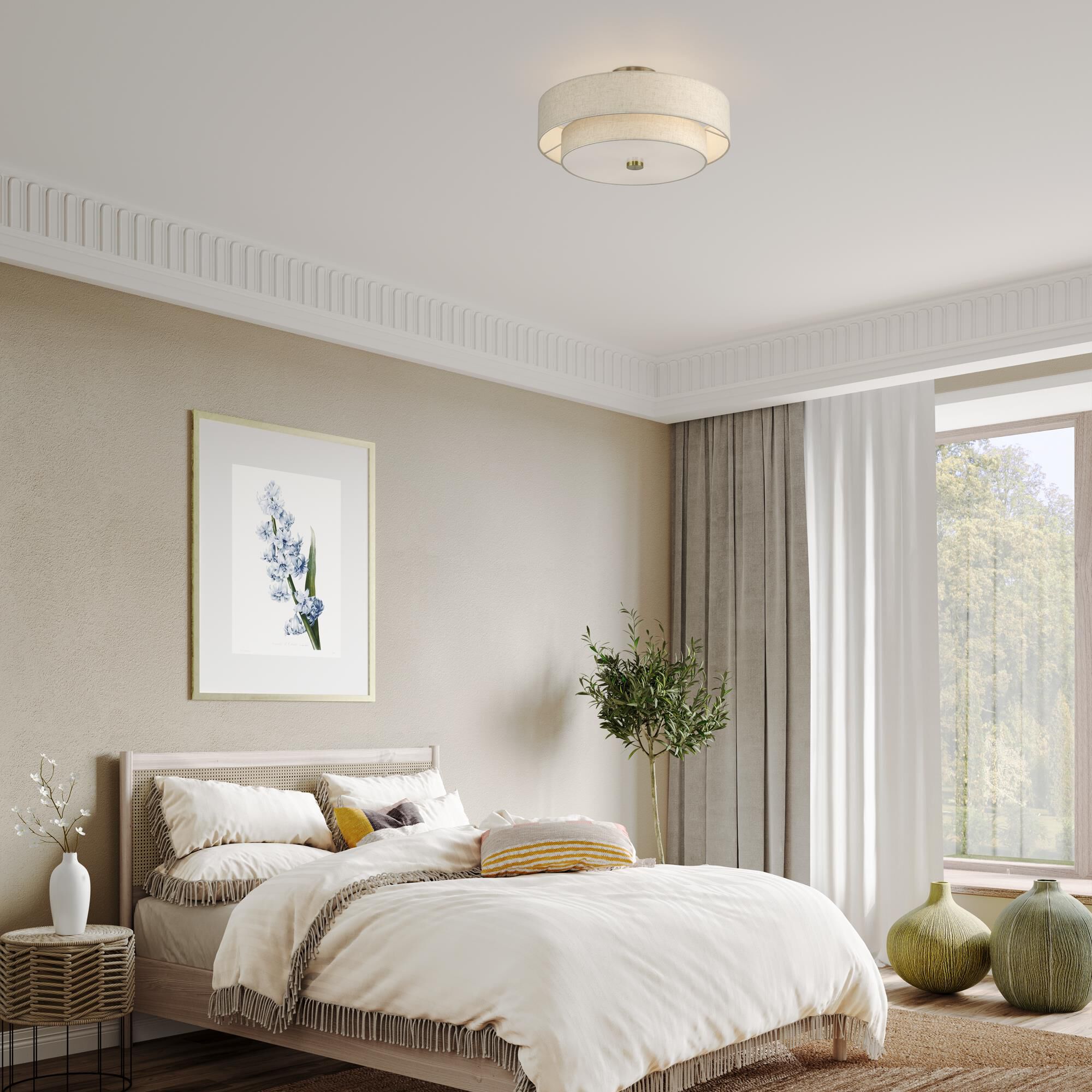 Shown in Antique Brass finish and Hand Crafted Oatmeal Color Fabric with White Color Inside shade