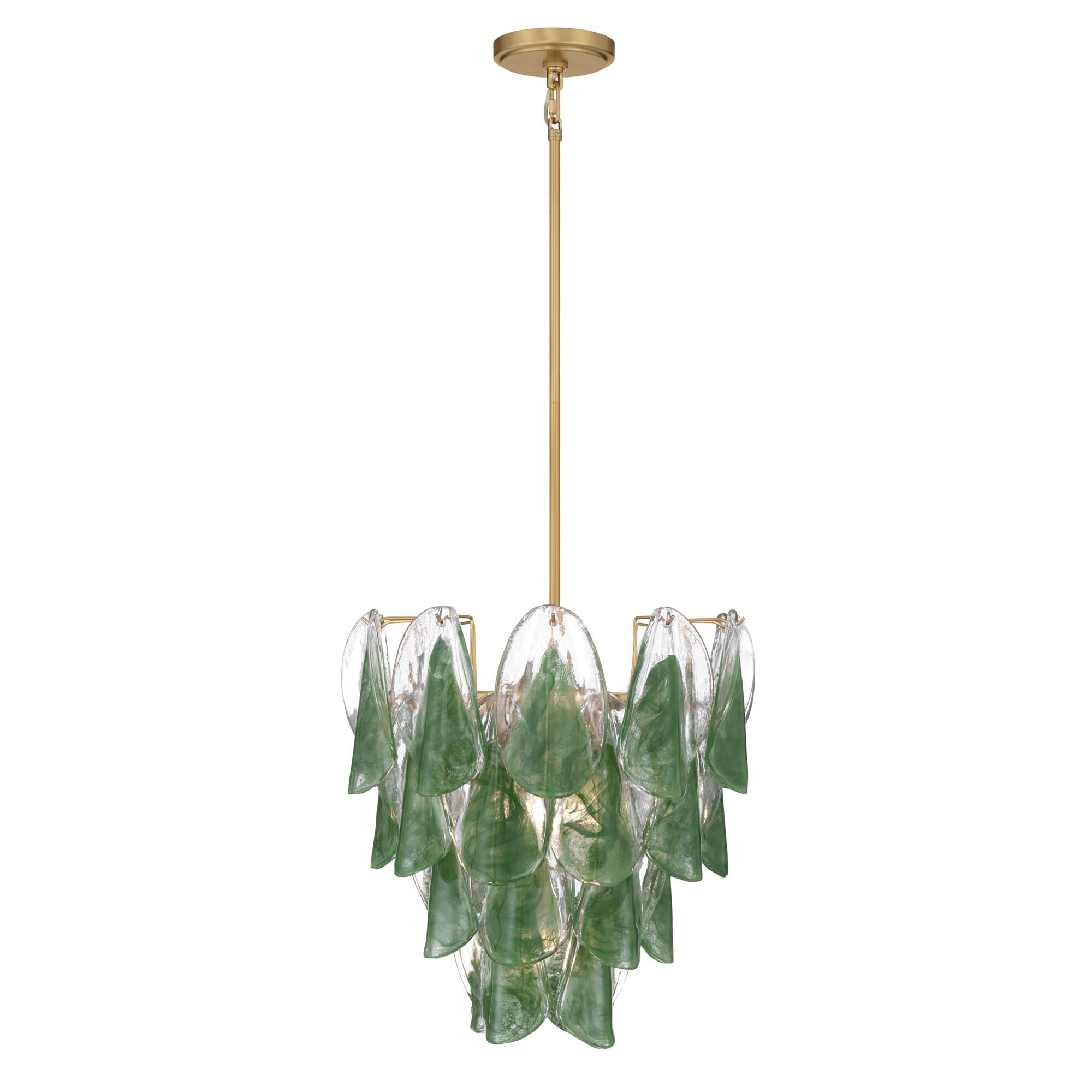 Shown in Legacy Brass finish and Green and Clear Hand-Formed glass