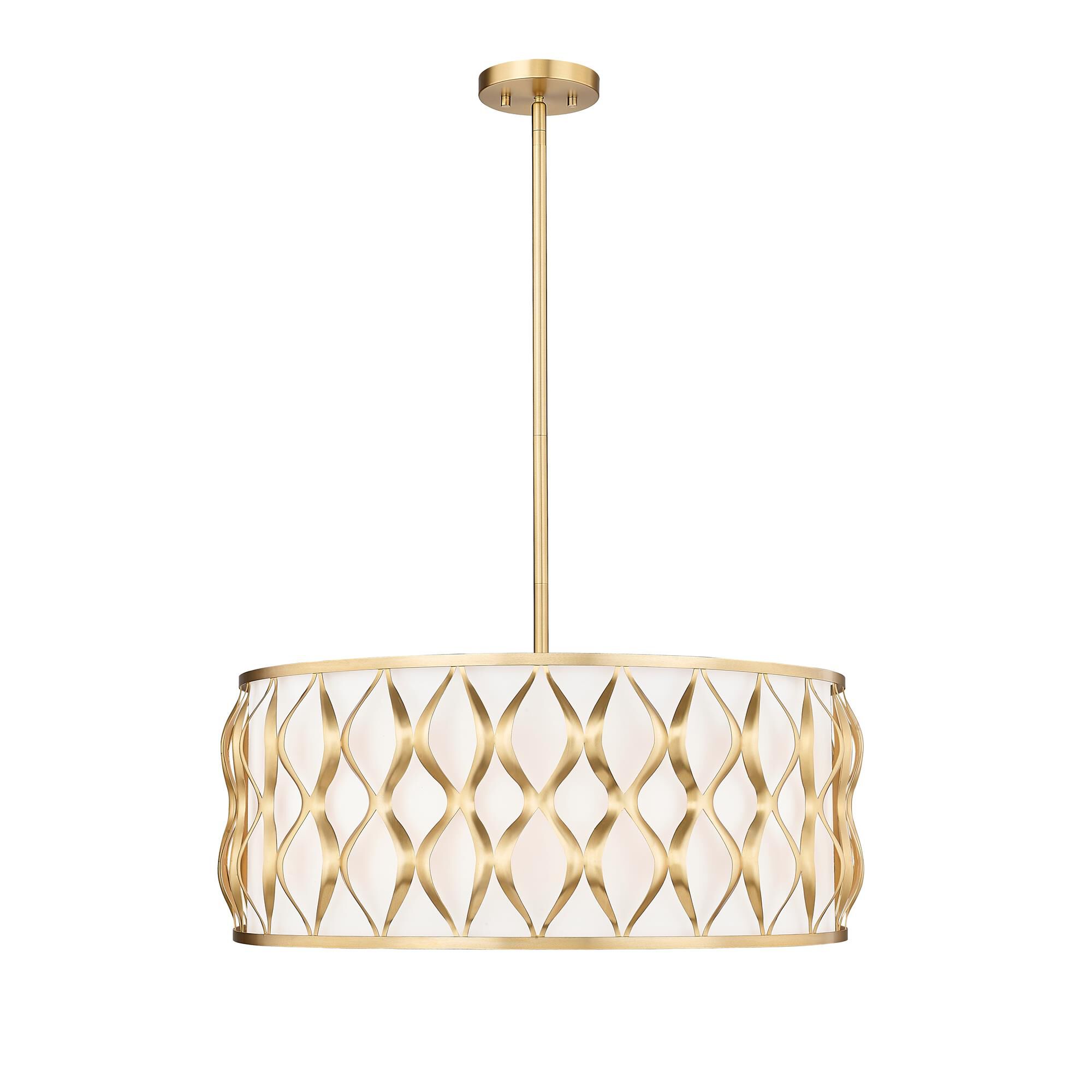 Shown in Modern Gold finish and White glass and White shade