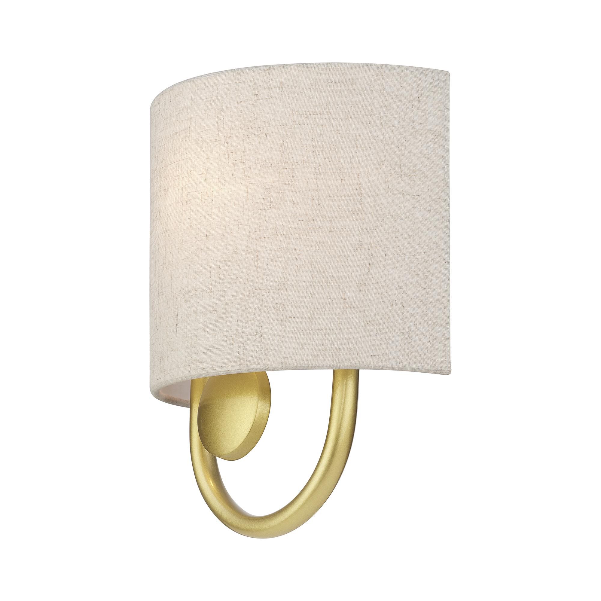 Shown in Soft Gold finish and Hand Crafted Oatmeal Color Fabric Hardback with White Fabric Inside shade