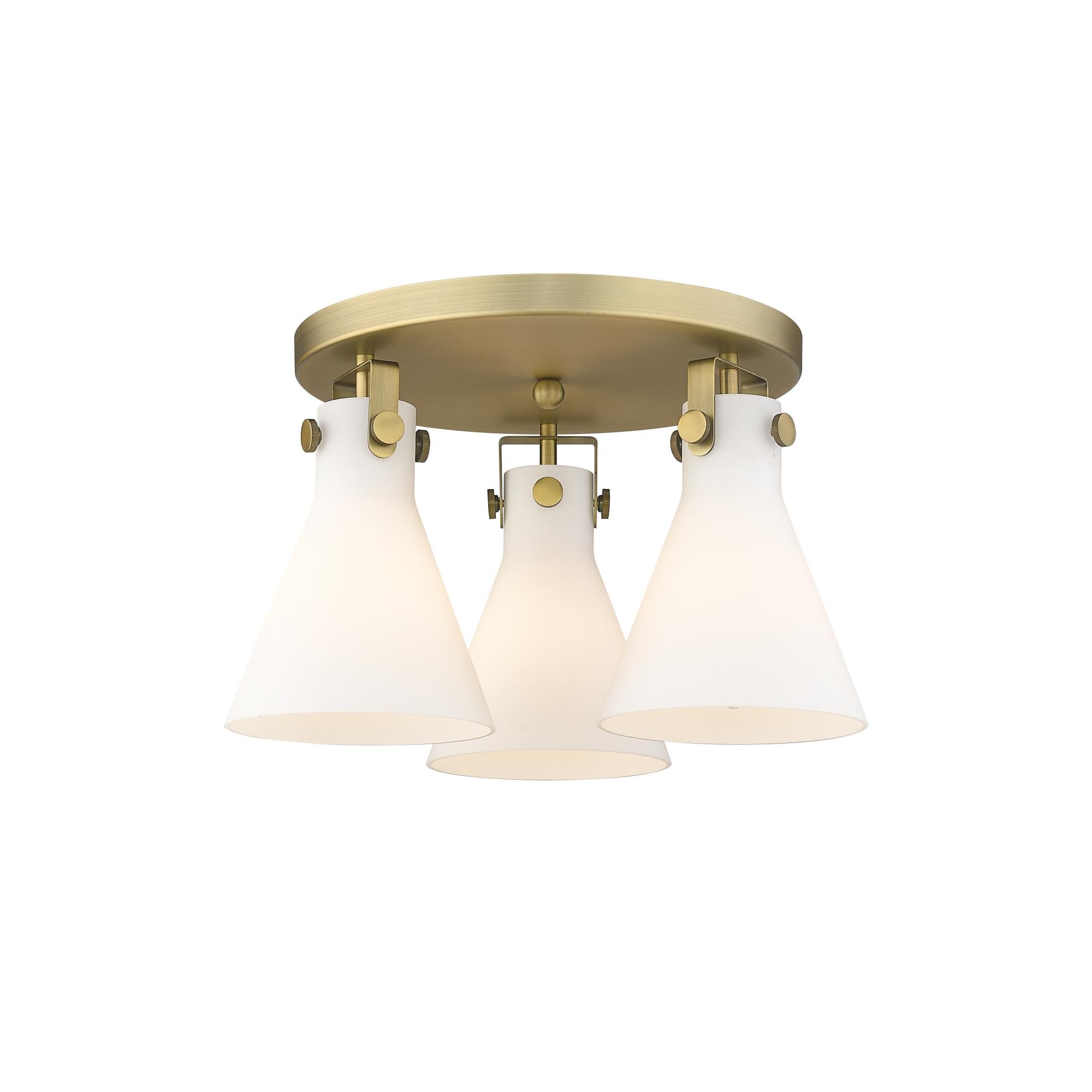 Shown in Brushed Brass finish and Matte White glass