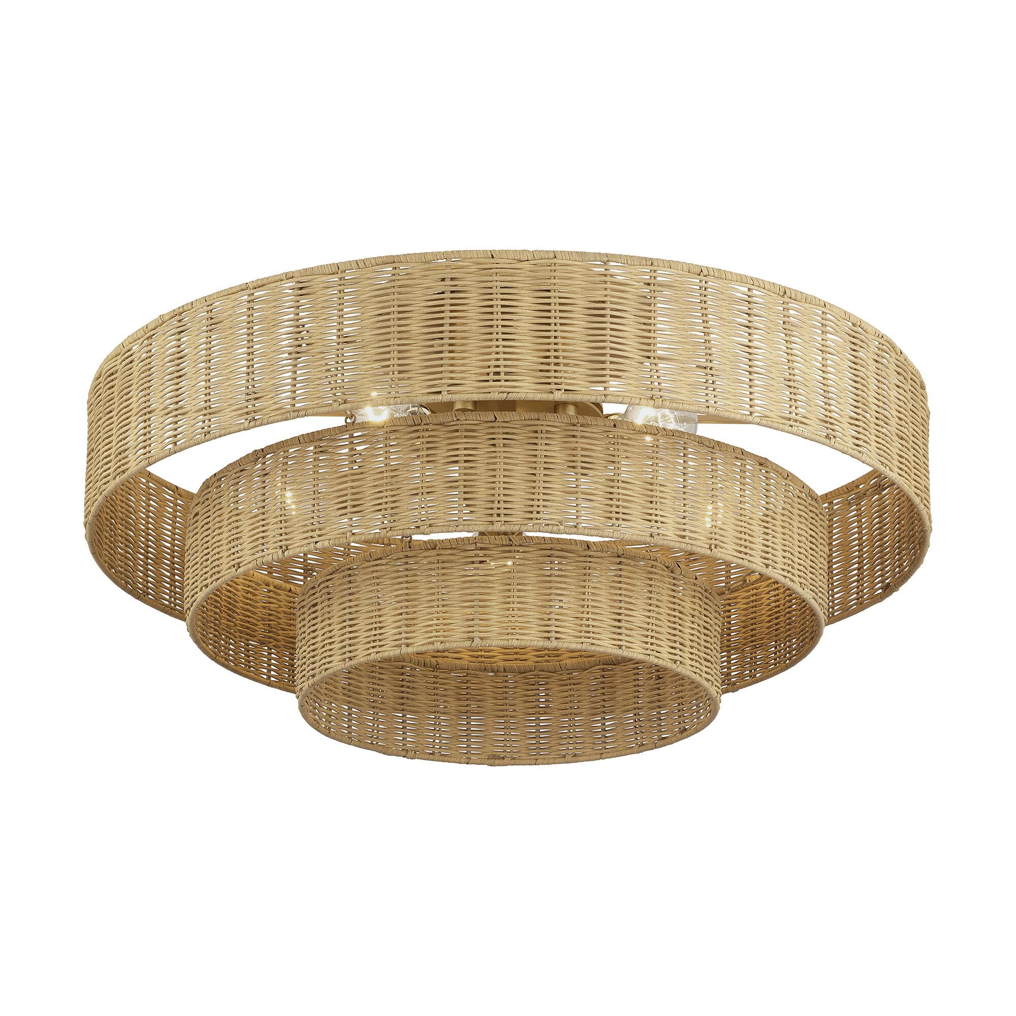 Shown in Antique Gold Leaf finish and Hand-Woven Rustic Walnut Color Rattan shade