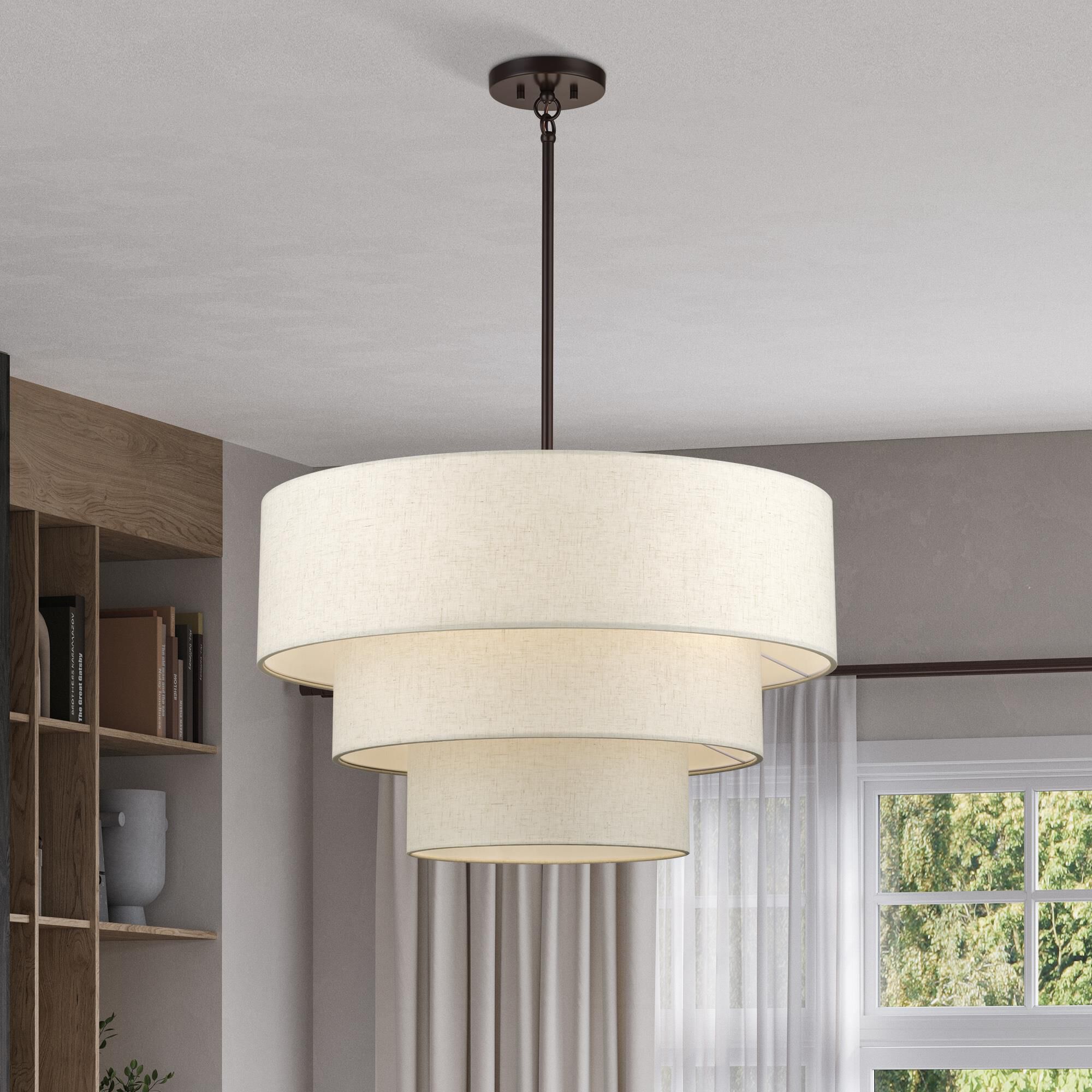 Shown in English Bronze finish and Hand Crafted Oatmeal Color Fabric with White Color Inside shade