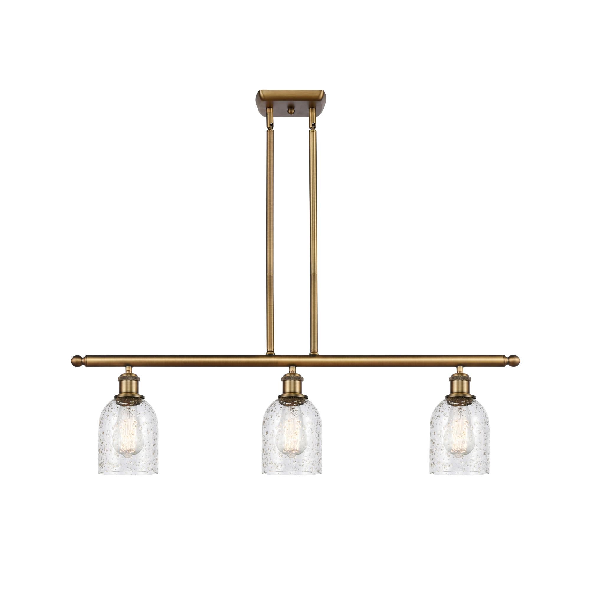 Shown in Brushed Brass finish and Bell glass and Glass shade