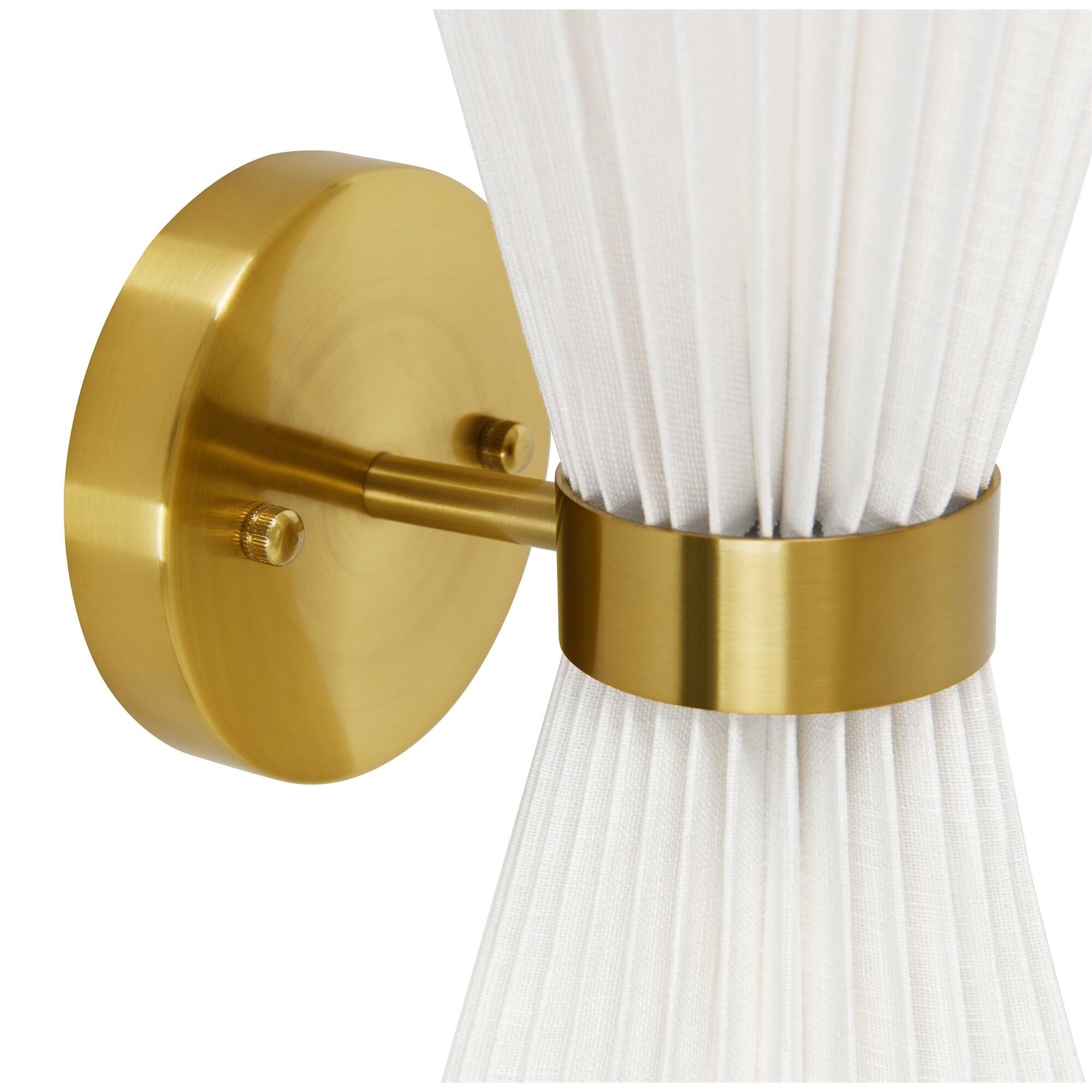 Shown in Brass and White finish and White Linen shade