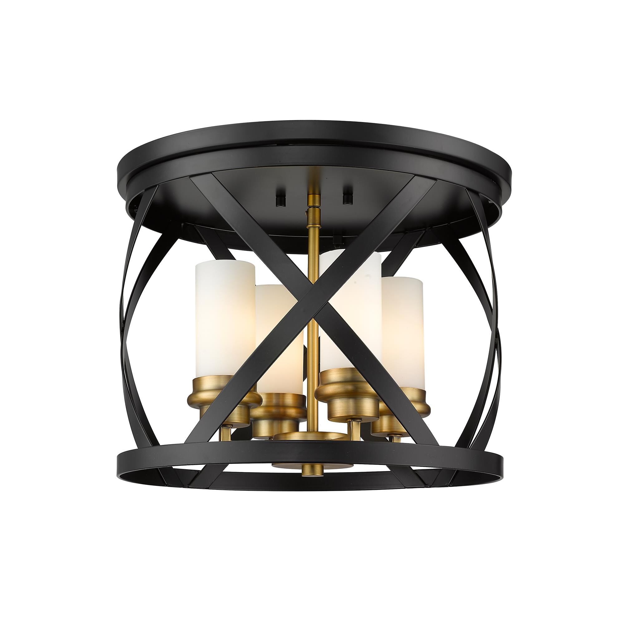 Shown in Matte Black + Olde Brass finish and Glass shade