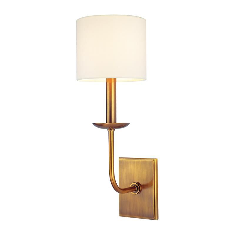 Shown in Aged Brass finish and Off White Faux Silk shade