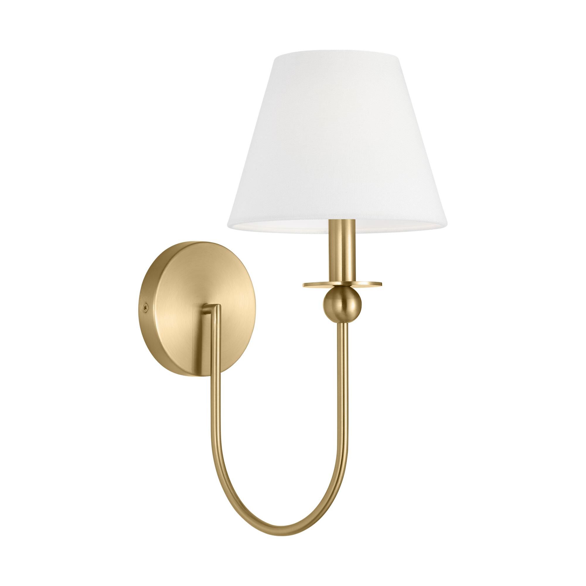 Shown in Satin Brass finish and White Linen shade
