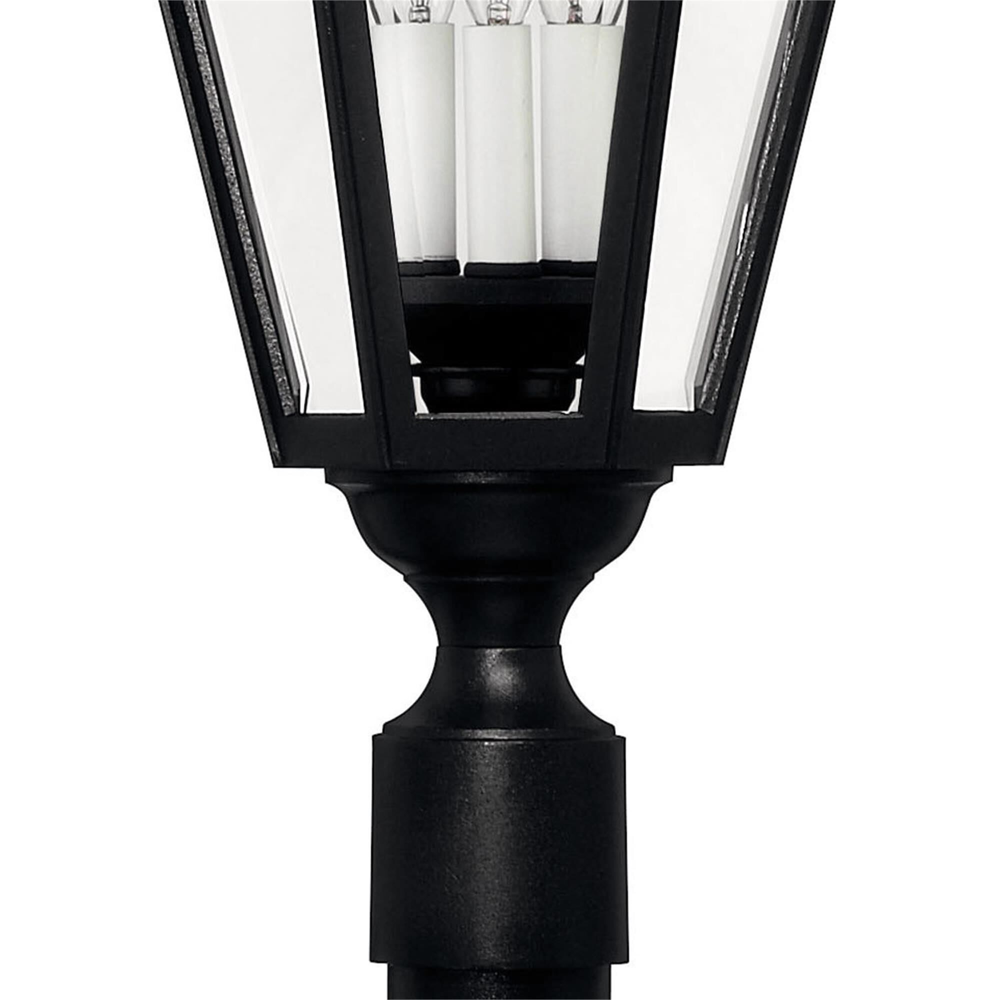 Shown in Black finish and Clear Beveled Panels glass