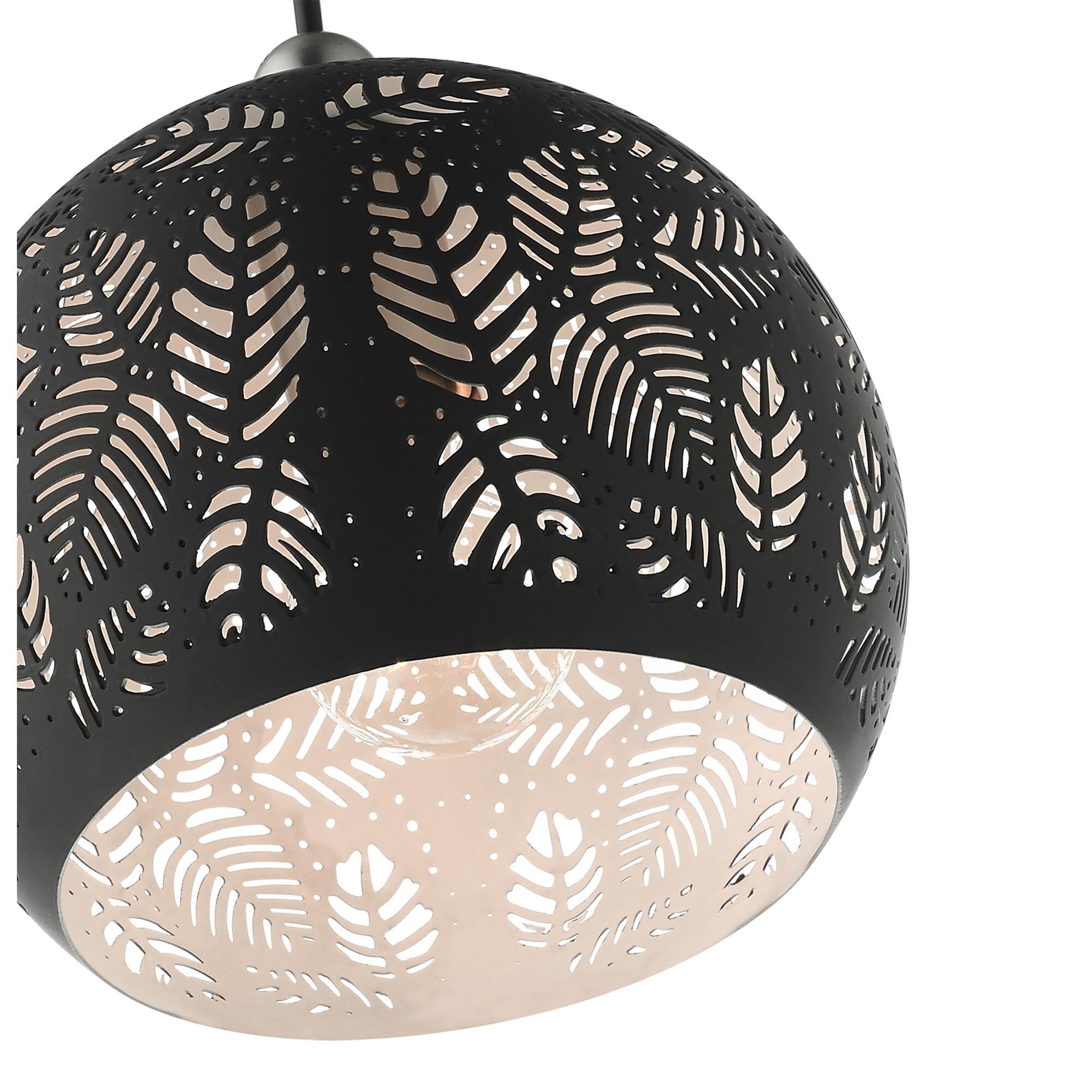 Shown in Black With Brushed Nickel Accents finish and Black Ornamental Metal Shade With White Finish Inside glass and Black Ornamental Metal  With White Finish Inside shade