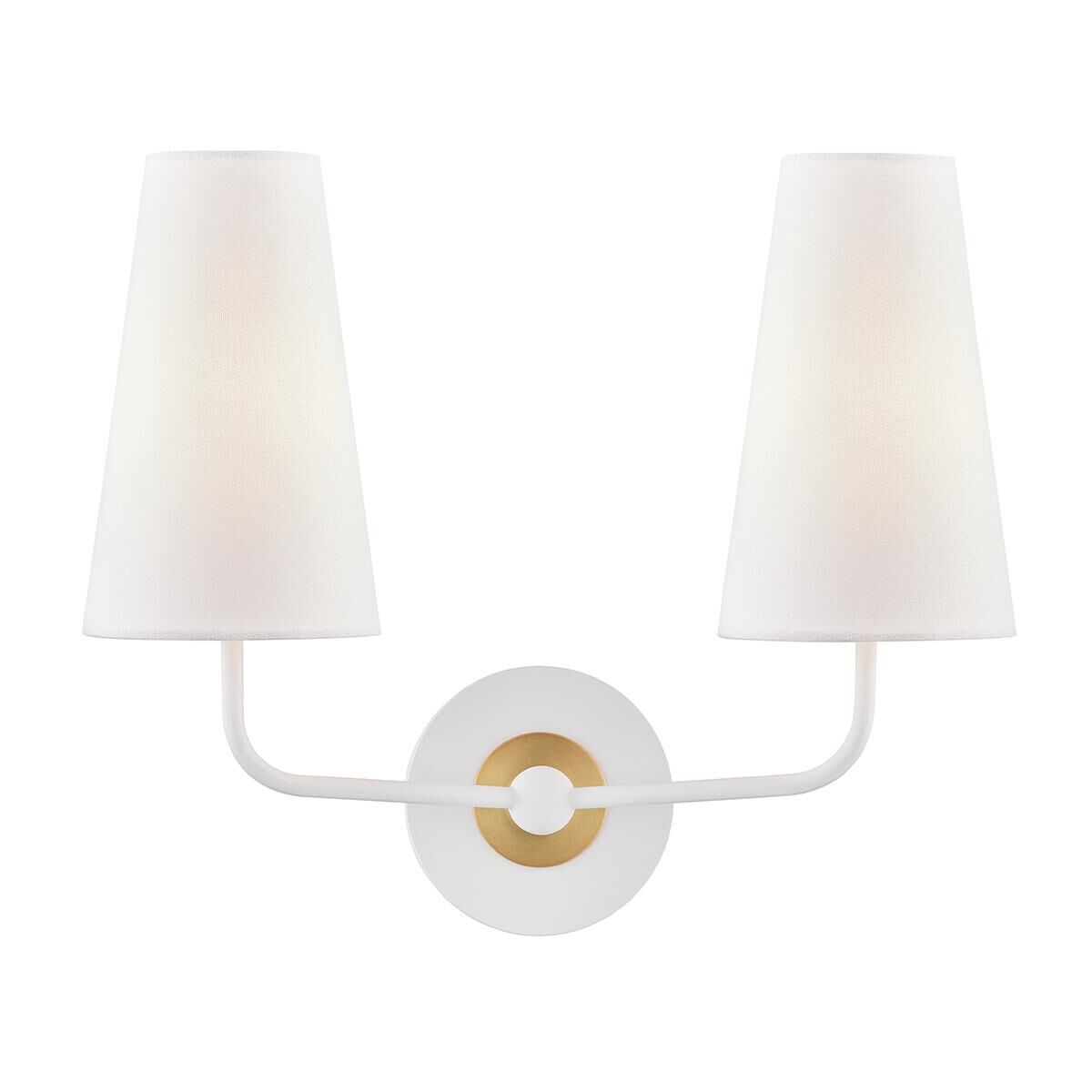 Shown in White finish and Off White Linen shade and Aged Brass accent