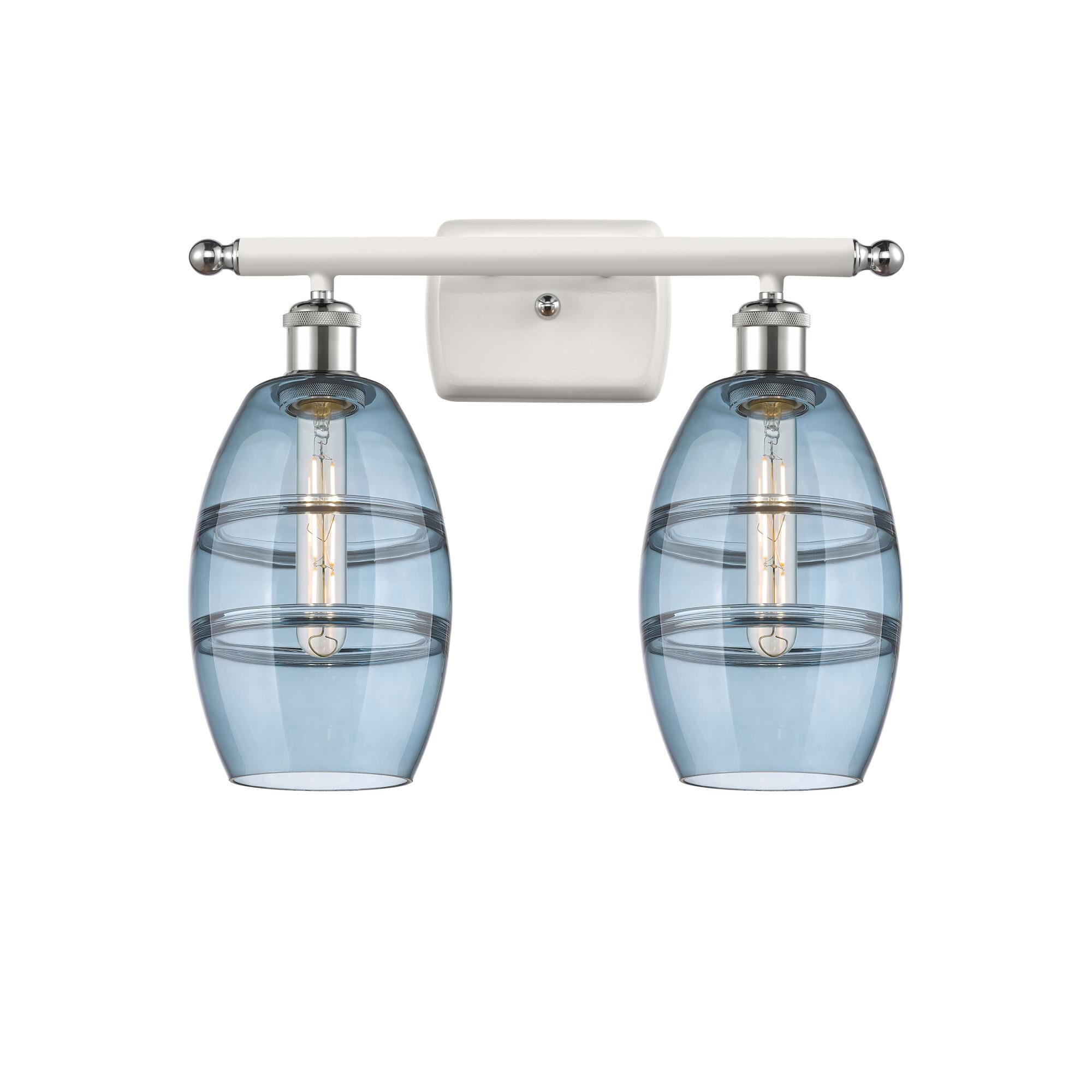 Shown in White Polished Chrome finish and Princess Blue glass