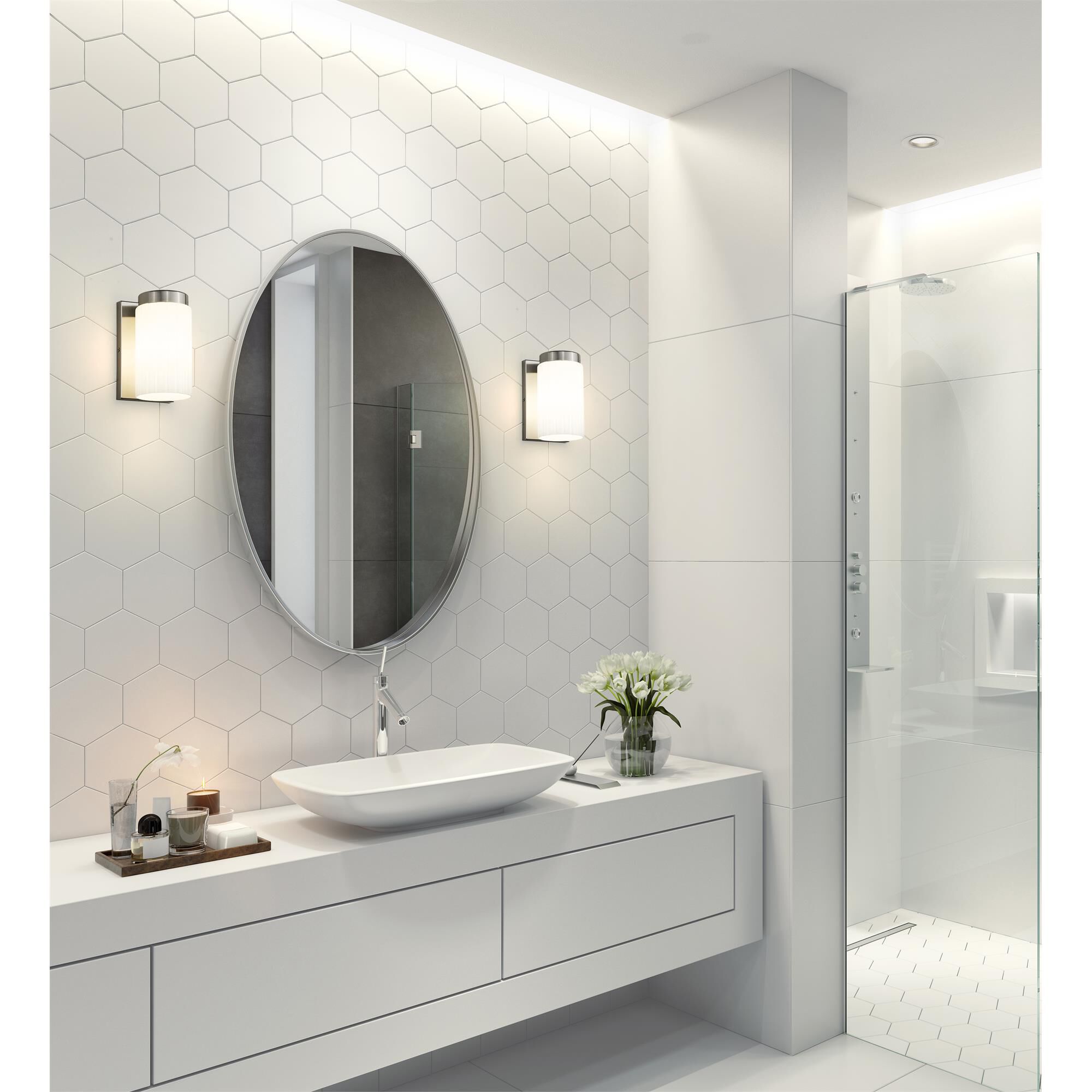 Shown in Brushed Nickel finish and Matte Opal glass and Matte Opal shade
