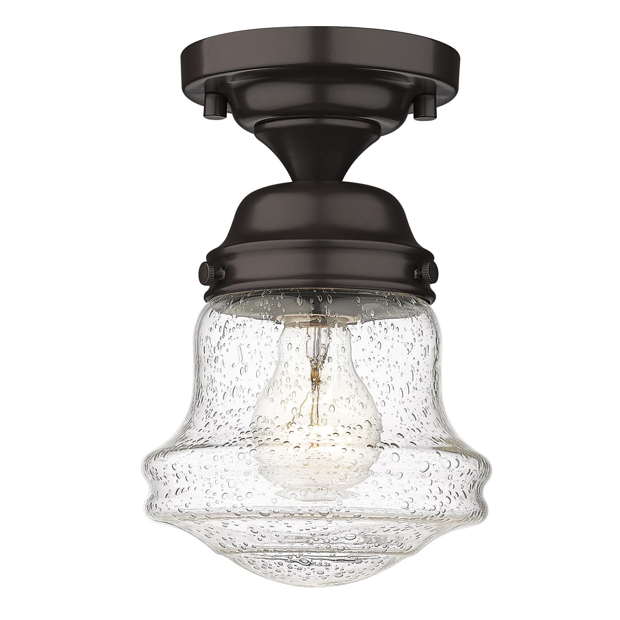 Shown in Bronze finish and Clear Seedy glass