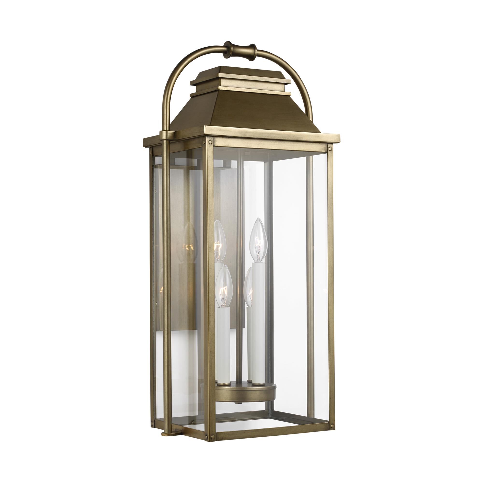 Shown in Painted Distressed Brass finish and Clear Panels glass