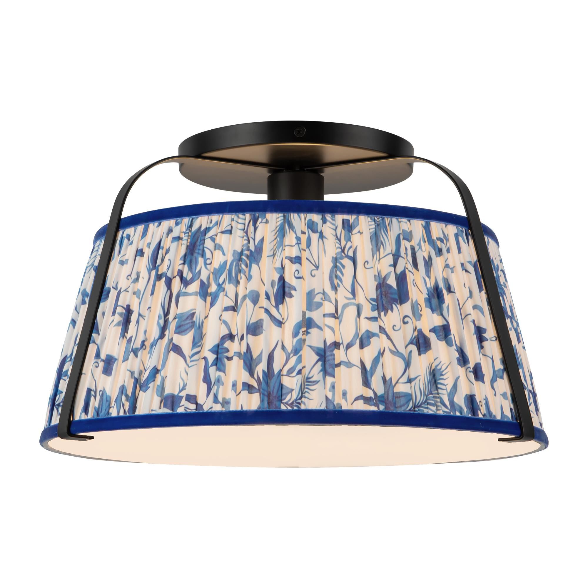 Shown in Matte Black finish and Frosted Polycarbonate Diffuser glass and Blue Linen shade