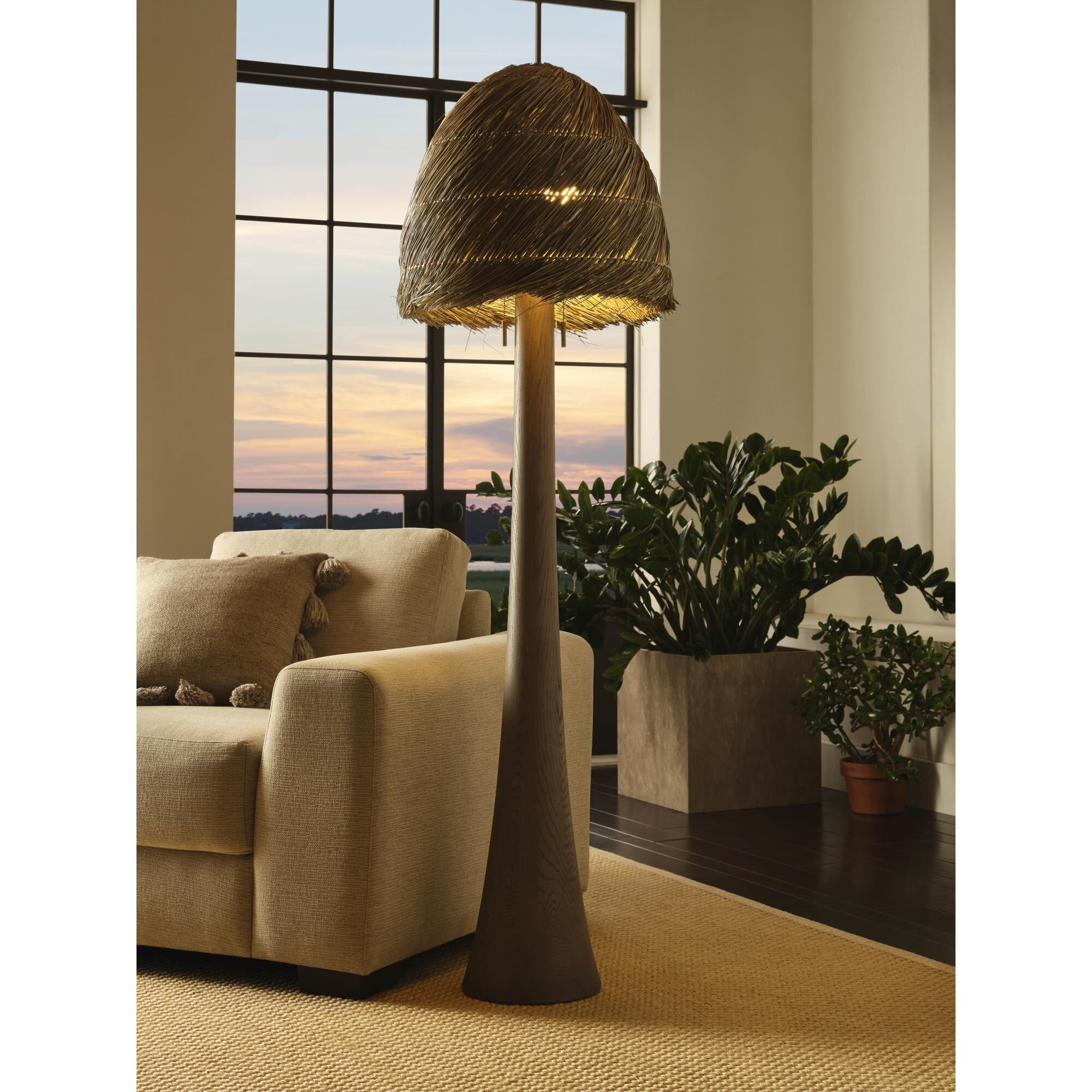 Shown in Gray finish and Rattan shade