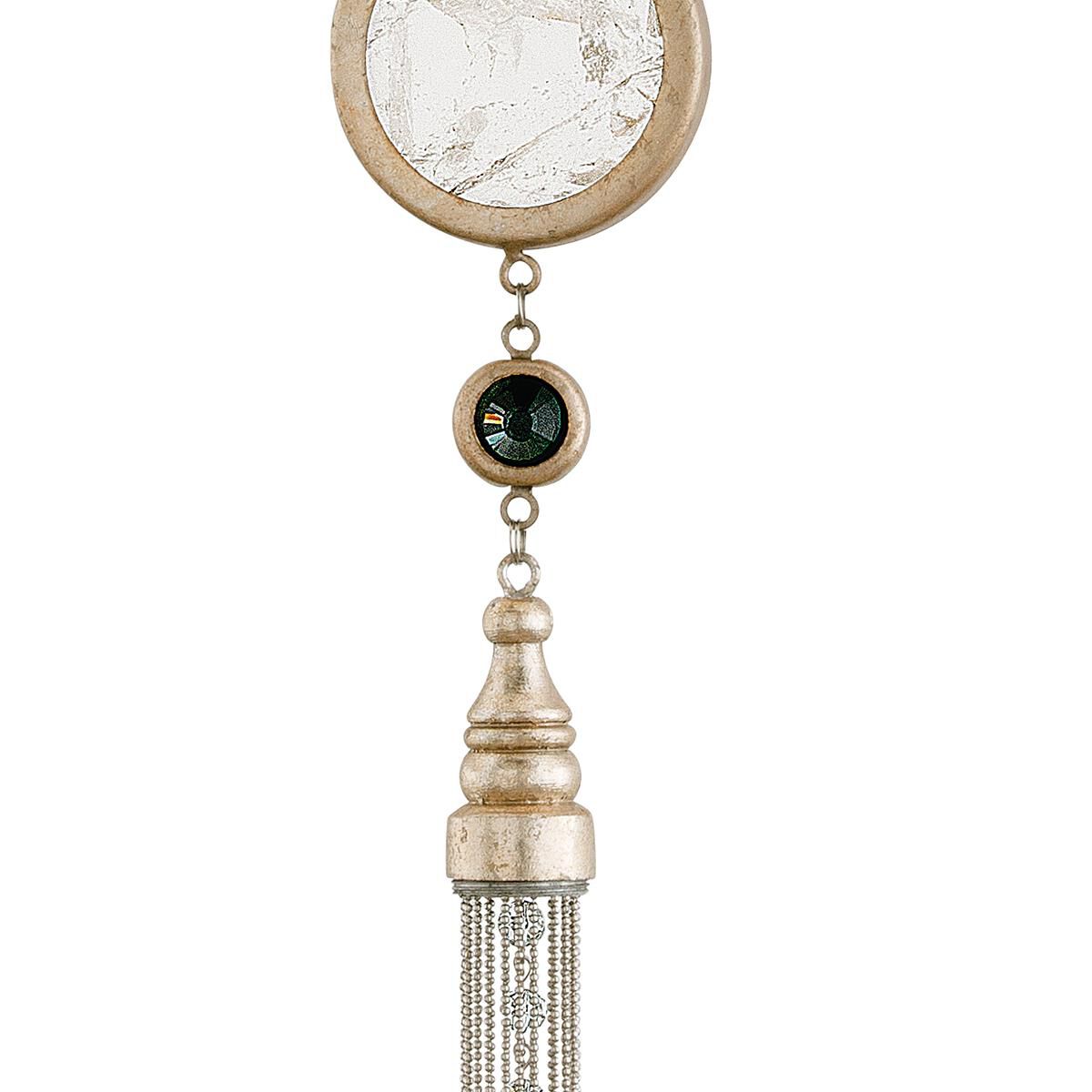 Shown in Topaz Leaf finish and Brazilian Rock crystal and White Pearl glass and Nickel and Crystal Tassels accent