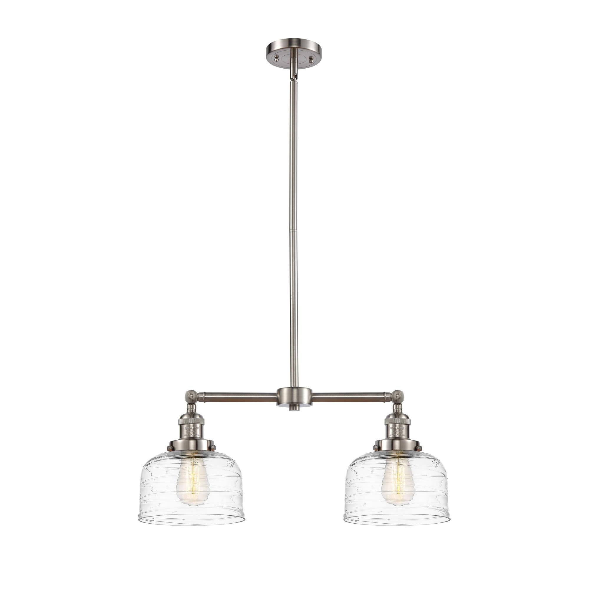 Shown in Brushed Satin Nickel finish and Clear Deco Swirl glass