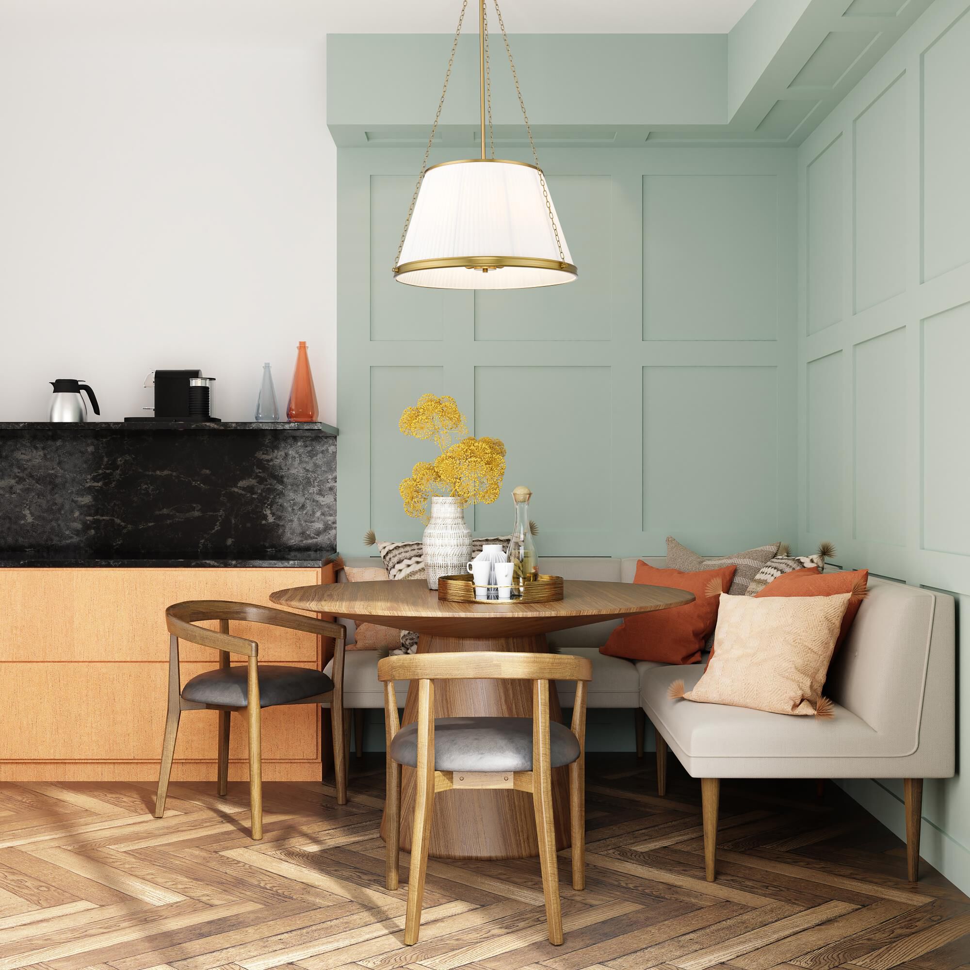 Shown in Modern Gold finish and White glass and White shade