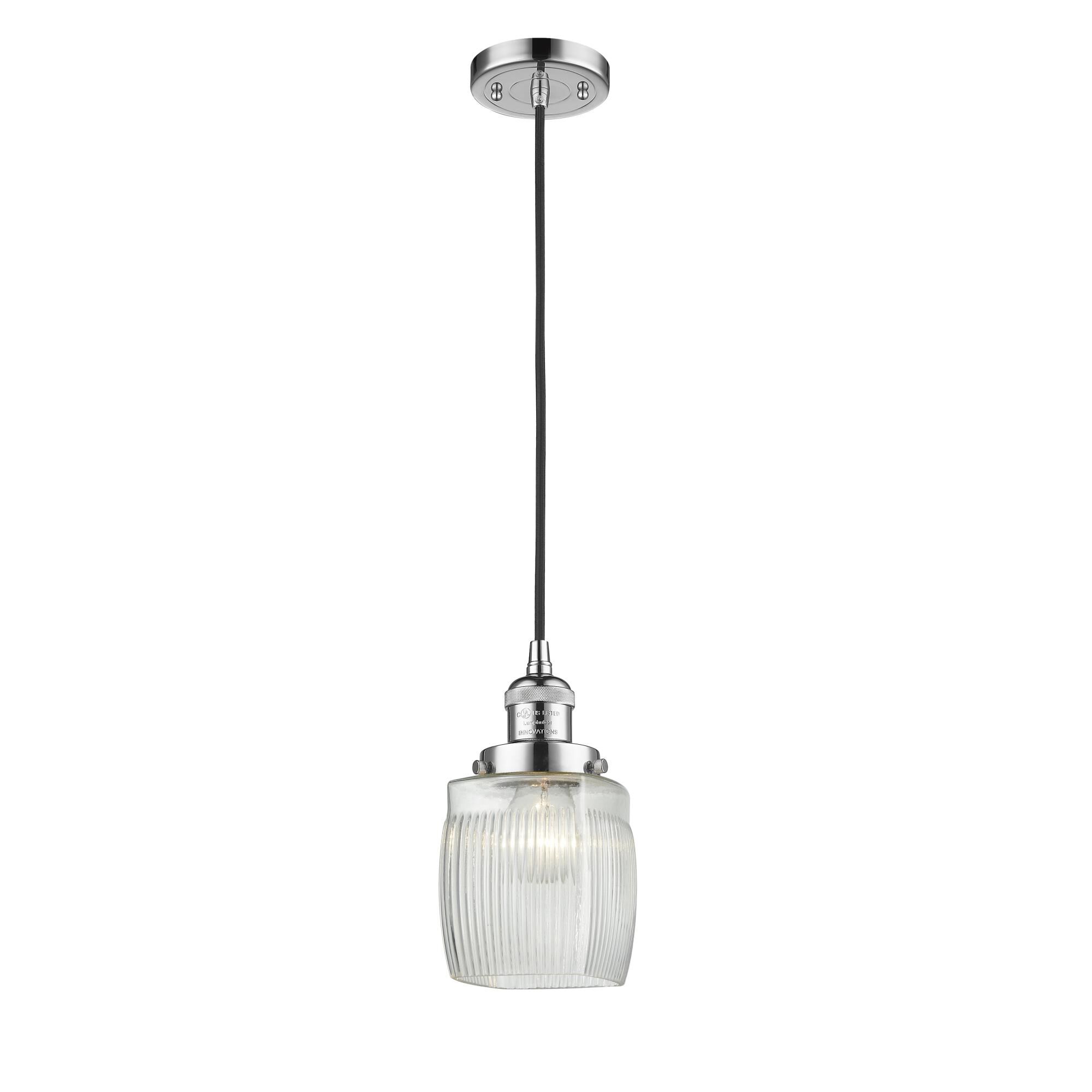 Shown in Polished Chrome finish and Thick Clear Halophane Colton glass and Cord accent
