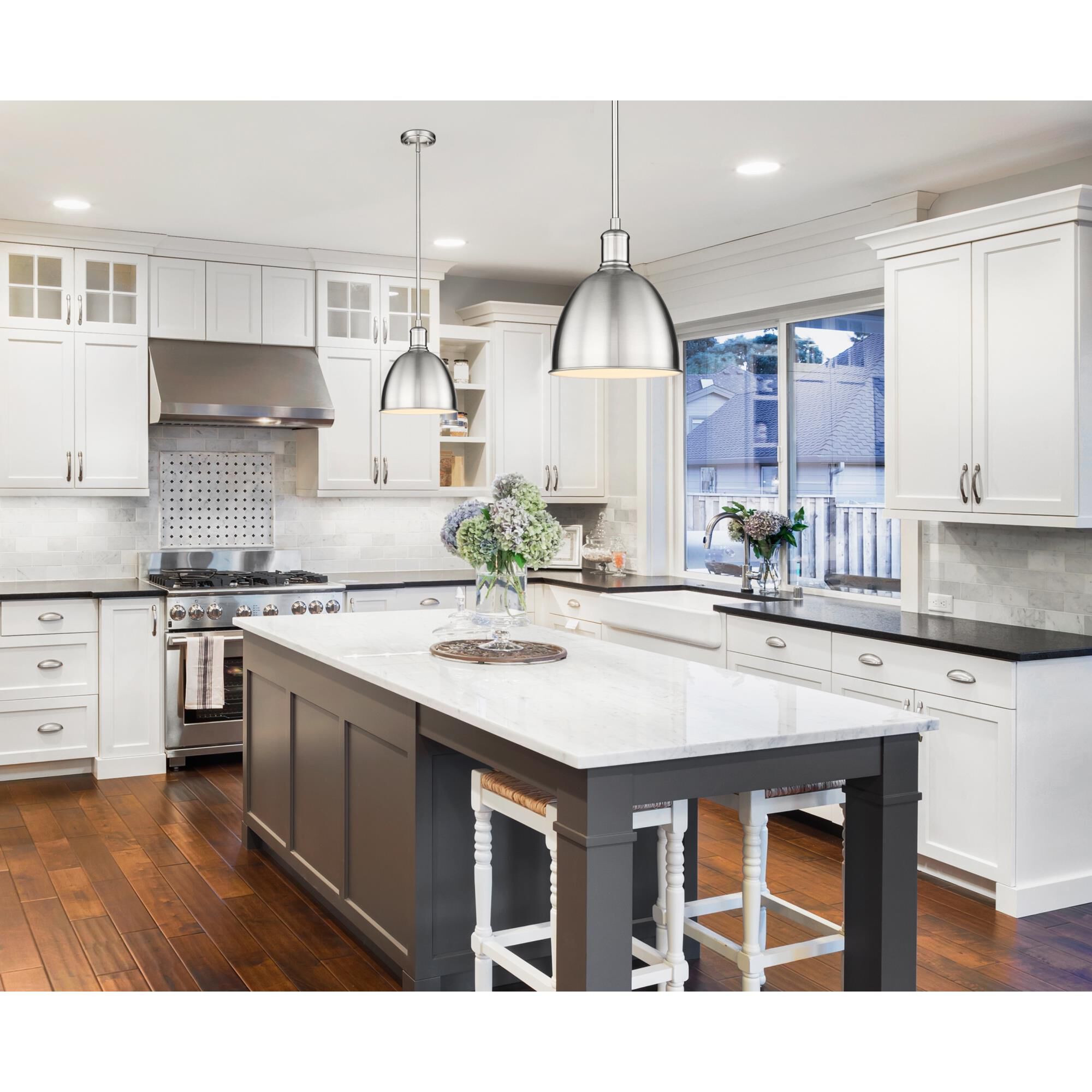 Shown in Brushed Nickel finish and Brushed Nickel glass and Brushed Nickel shade