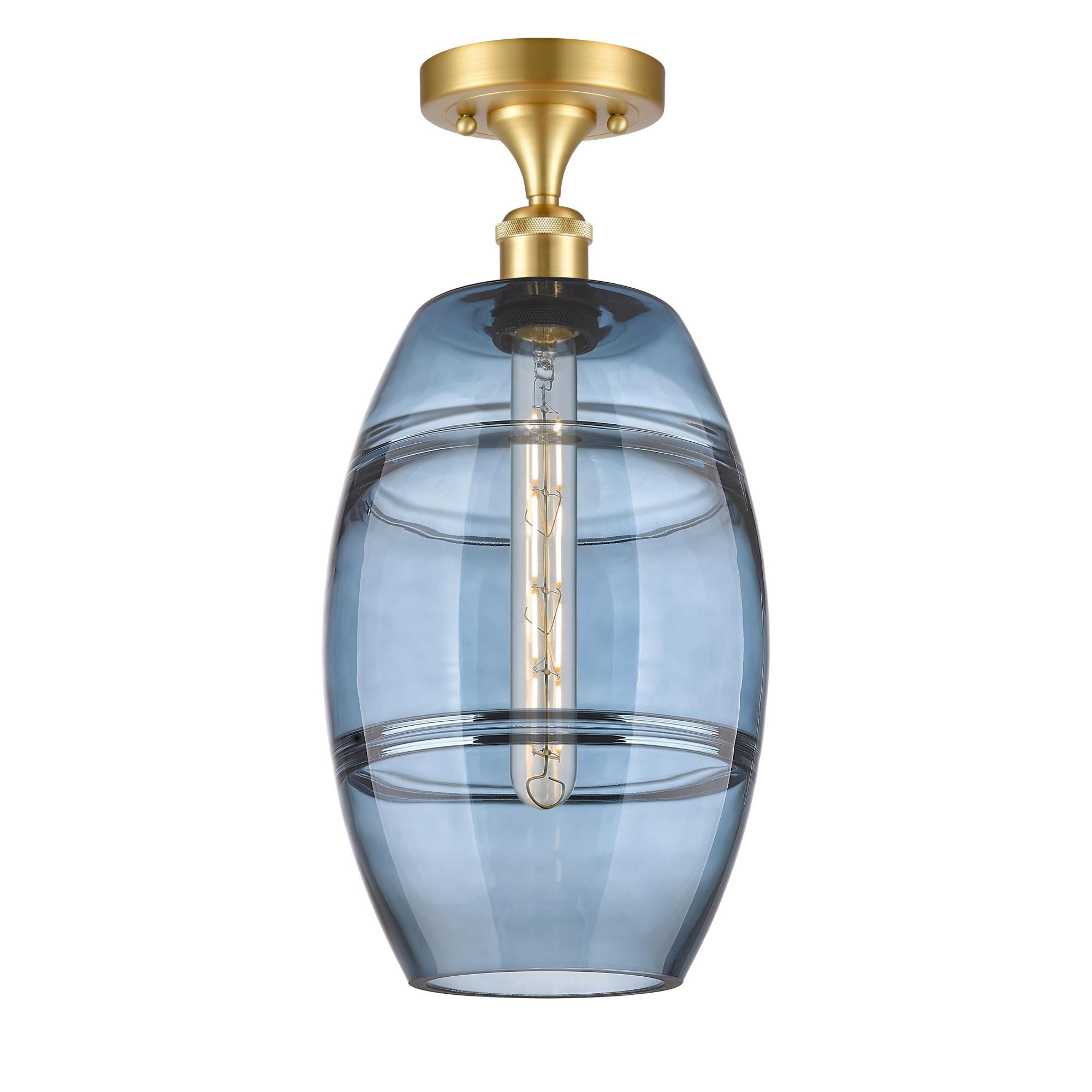 Shown in Satin Gold finish and Princess Blue glass