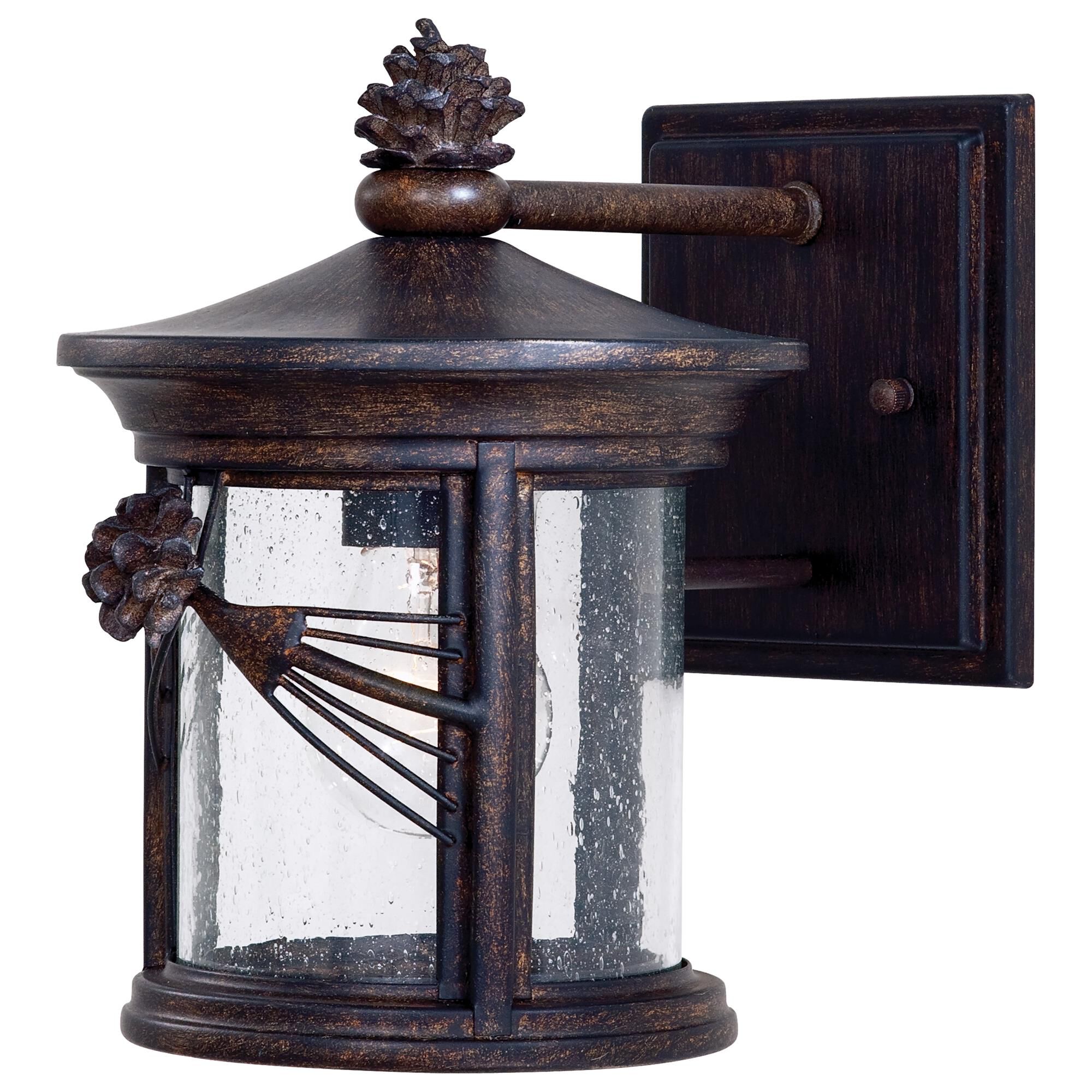 Shown in Iron Oxide finish and Mouth Blown Clear glass and Seeded Glass shade