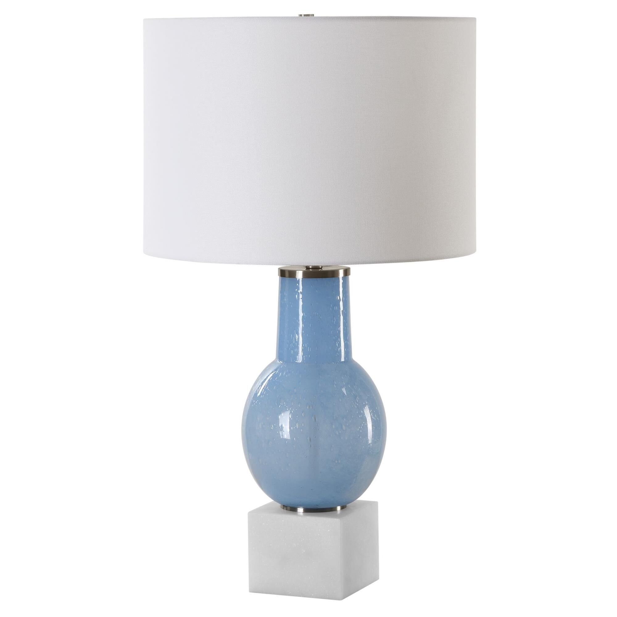 Shown in This Table Lamp Features A Sky Blue Seeded Glass Body Atop A Sturdy White Marble Foot With Brushed N finish and Round Drum Hardback shade