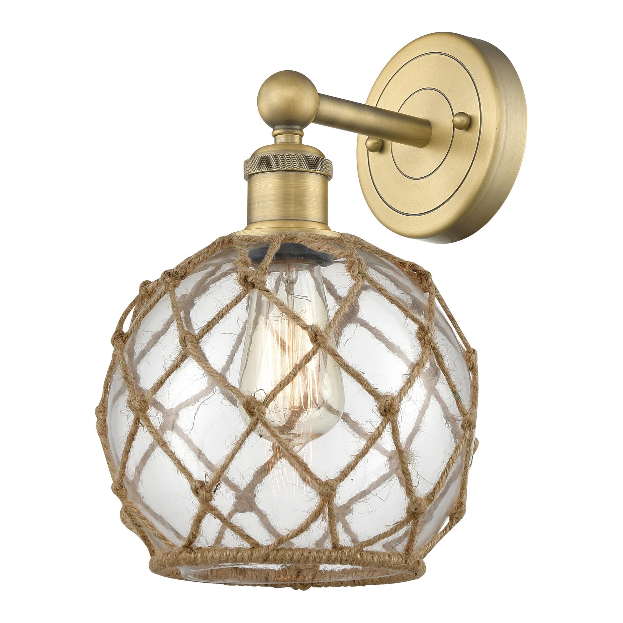 Shown in Brushed Brass finish and Clear with Brown Rope glass