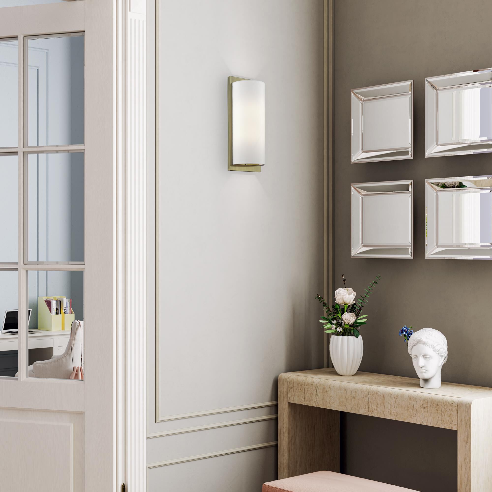 Shown in Antique Brass finish and Hand Crafted Off-White Fabric Hardback shade