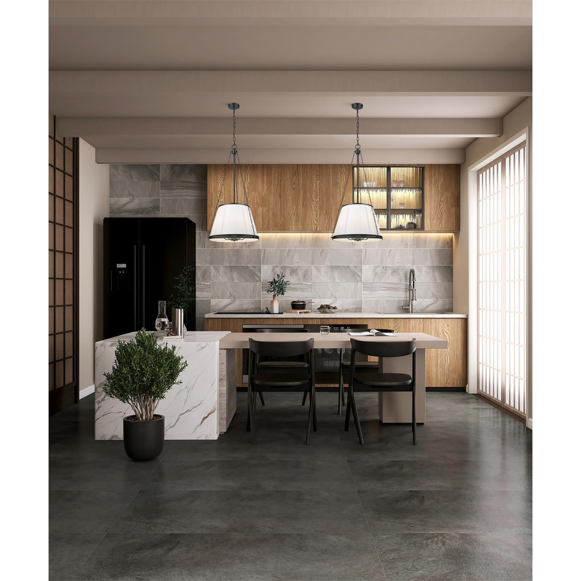 Shown in Matte Black finish and White glass and White shade