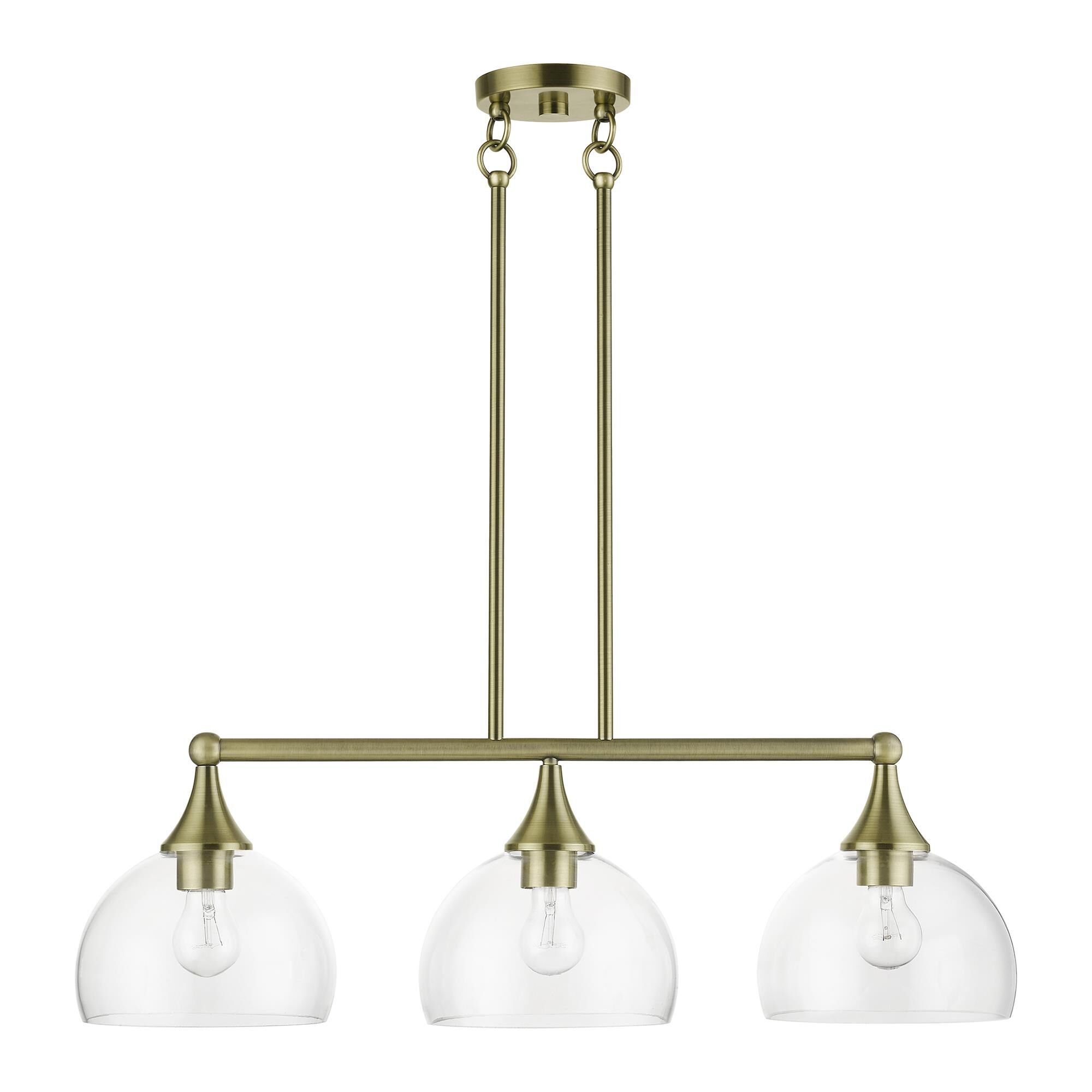 Shown in Antique Brass finish and Clear Hand Blown glass