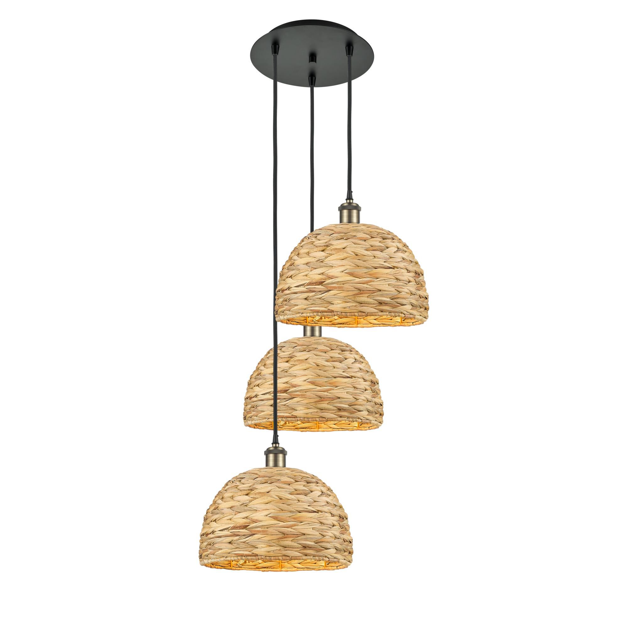 Shown in Black Antique Brass finish and Natural shade