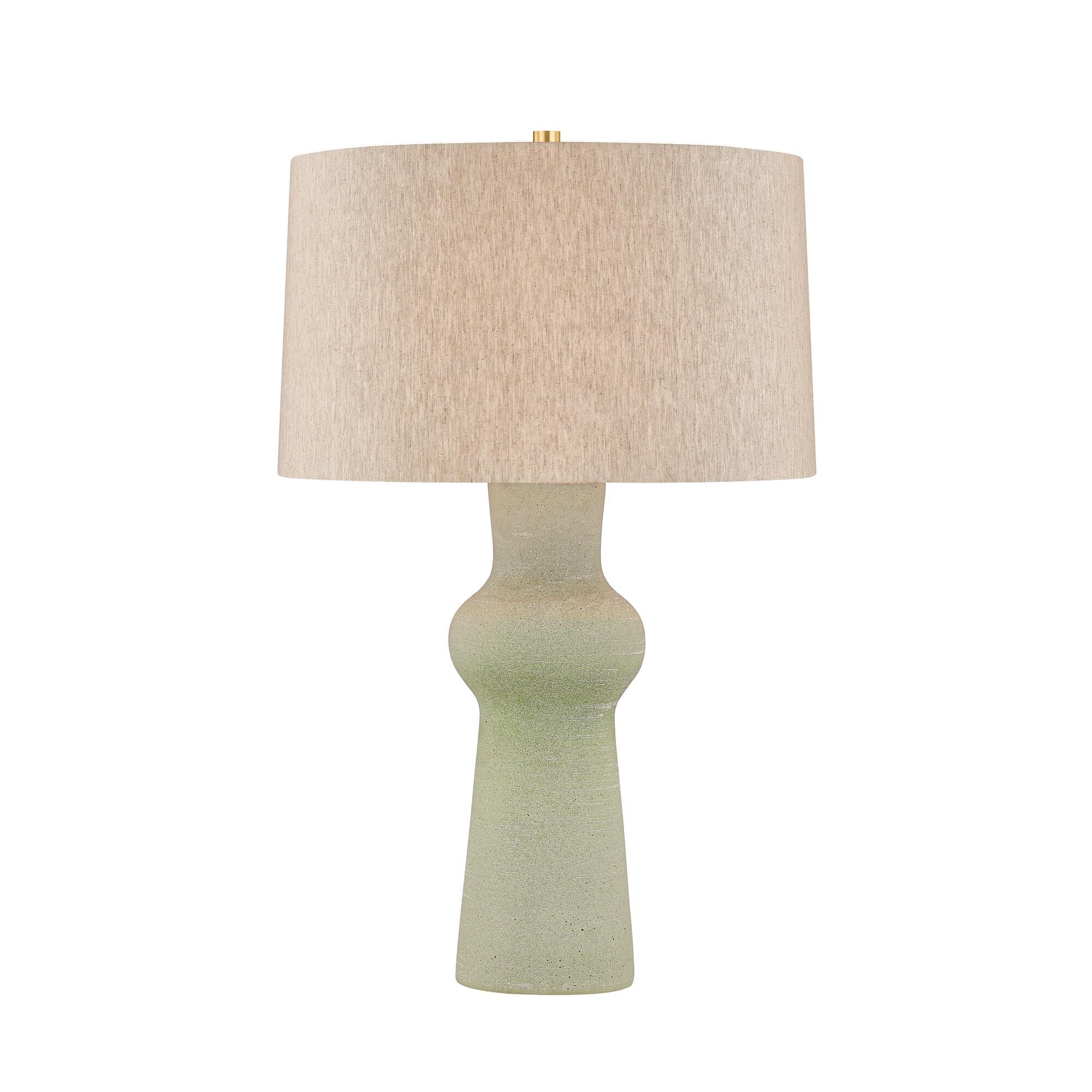 Shown in Aged Brass and Ceramic Hazy Jade finish and Natural Linen shade
