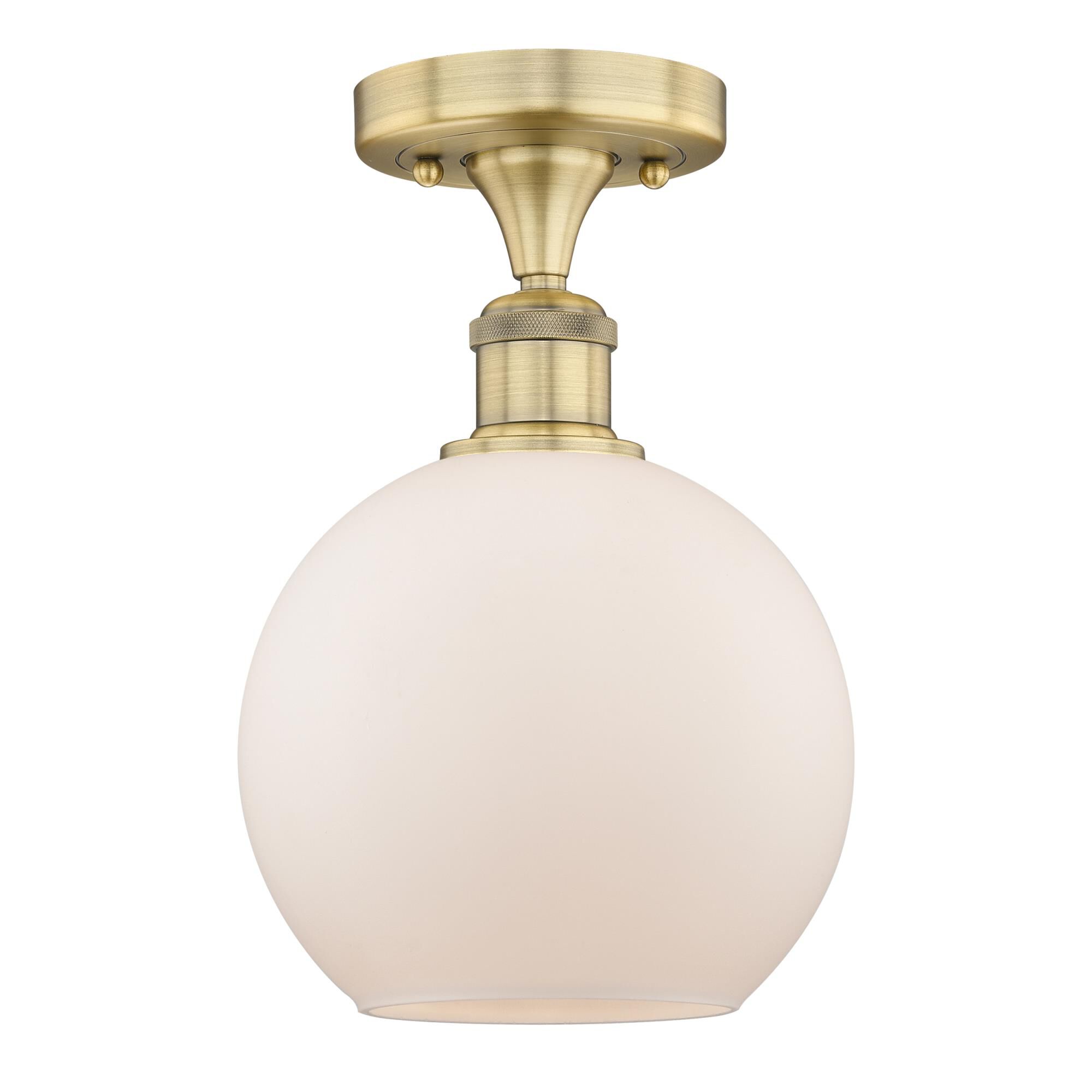 Shown in Brushed Brass finish and Matte White glass